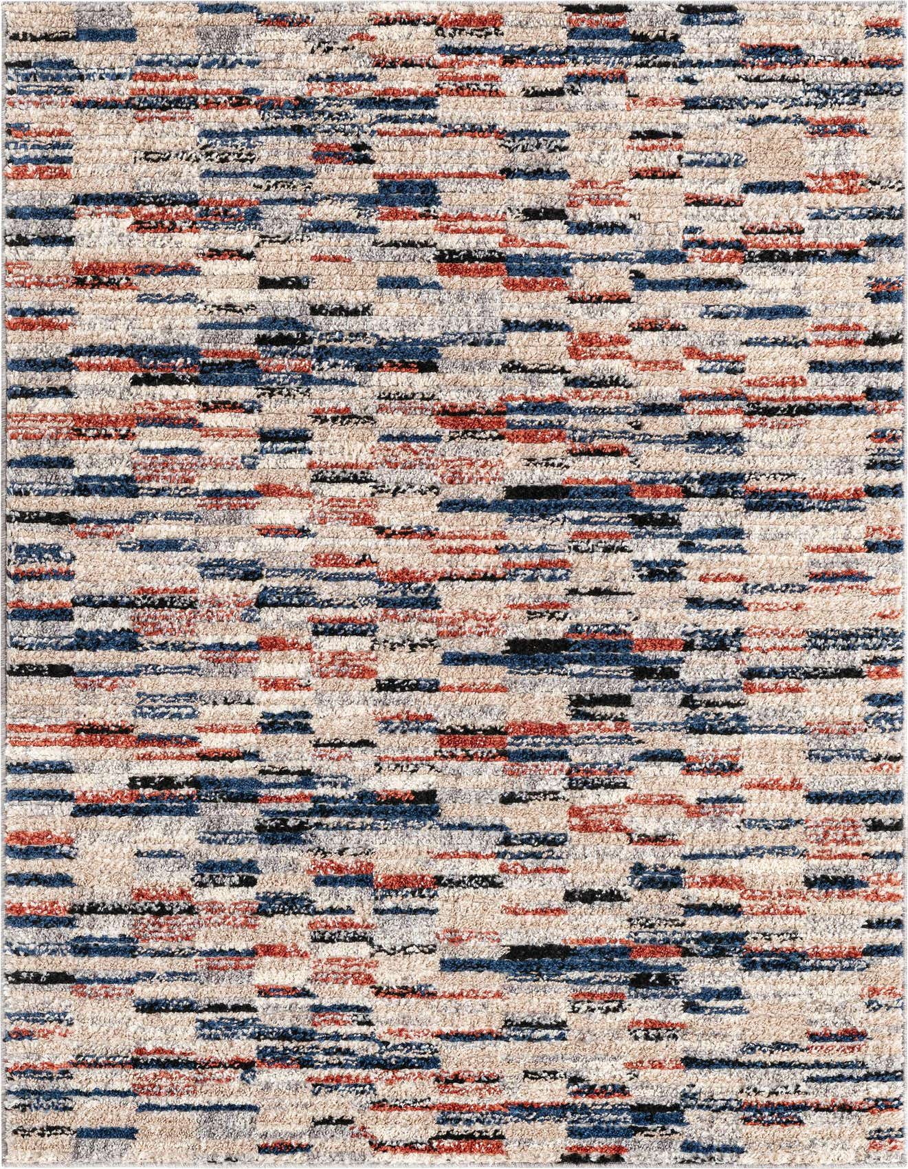 A 4x6 rectangular multi-colored shag rug with a modern Southwestern stripe pattern, featuring shades of blue, red, black, and beige.