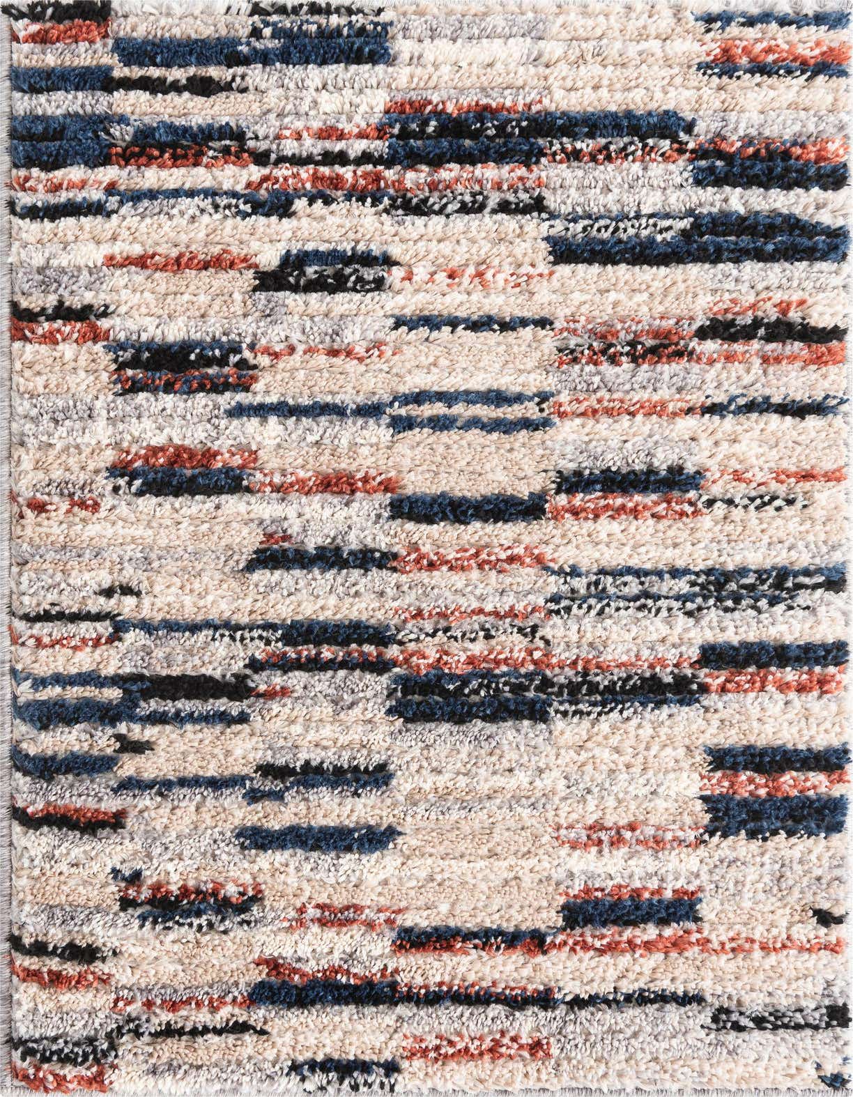 A 2x3 rectangular Rugs.com Tucson shag rug with a multi-colored Southwestern stripe pattern in cream, blue, black, and rust.
