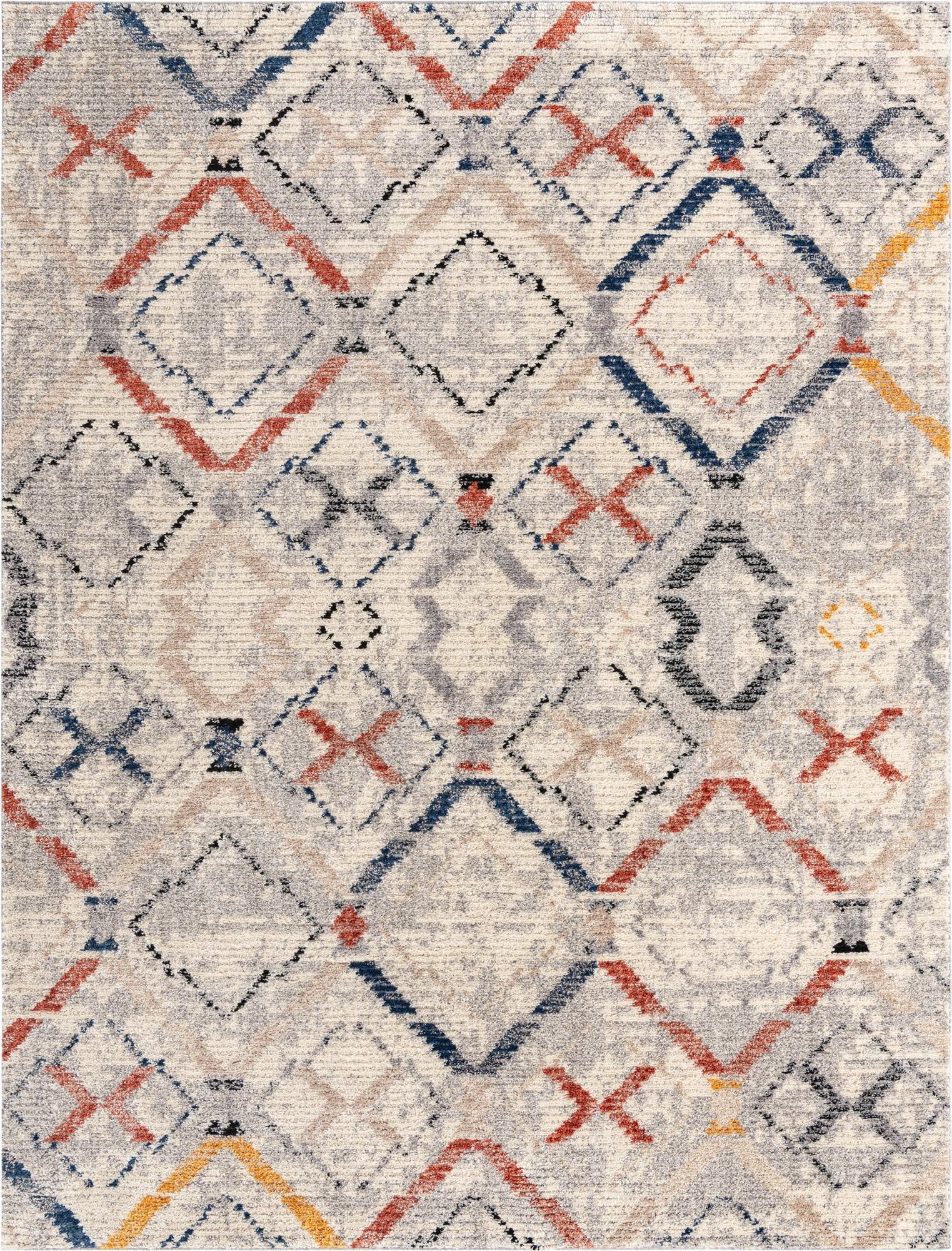 A 9x12 rectangular multi-colored modern shag rug with a geometric diamond and stripe pattern in a soft, textured pile.