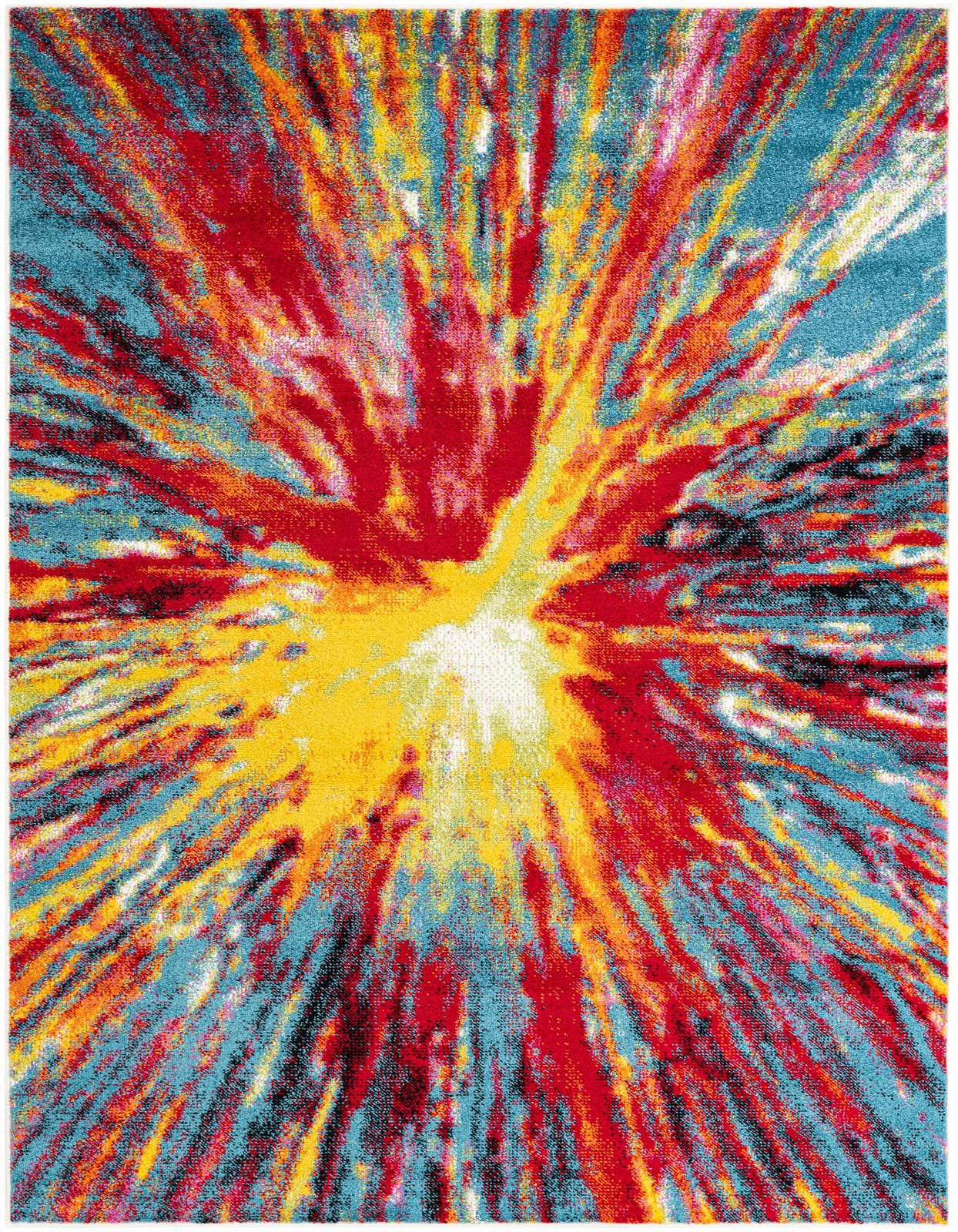 A vibrant 5x8 rectangular rug with an abstract, multi-colored burst pattern in red, yellow, and blue.
