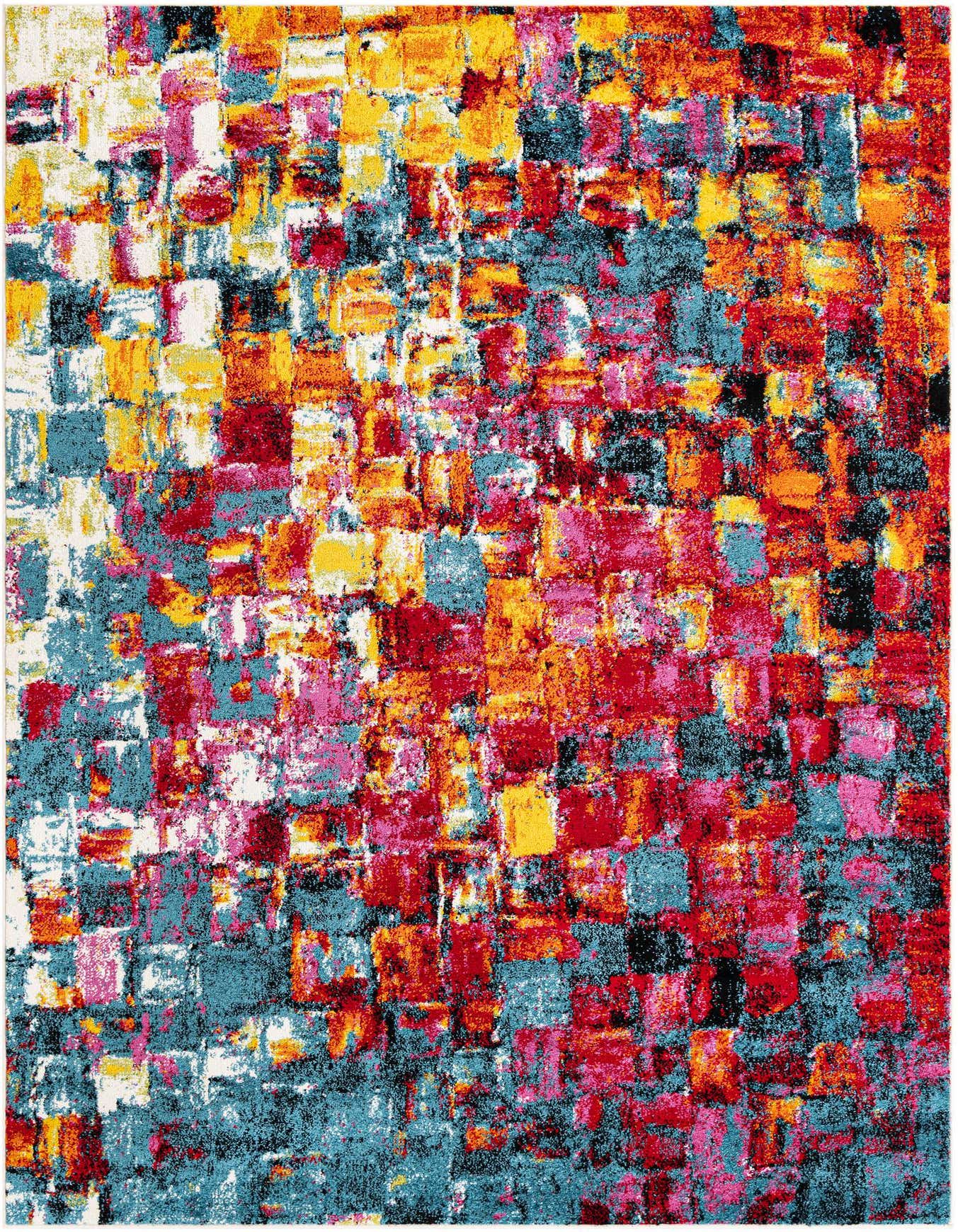 A vibrant 6x9 multi-colored rectangular area rug with an abstract, eclectic pattern, featuring shades of red, yellow, blue, and pink.