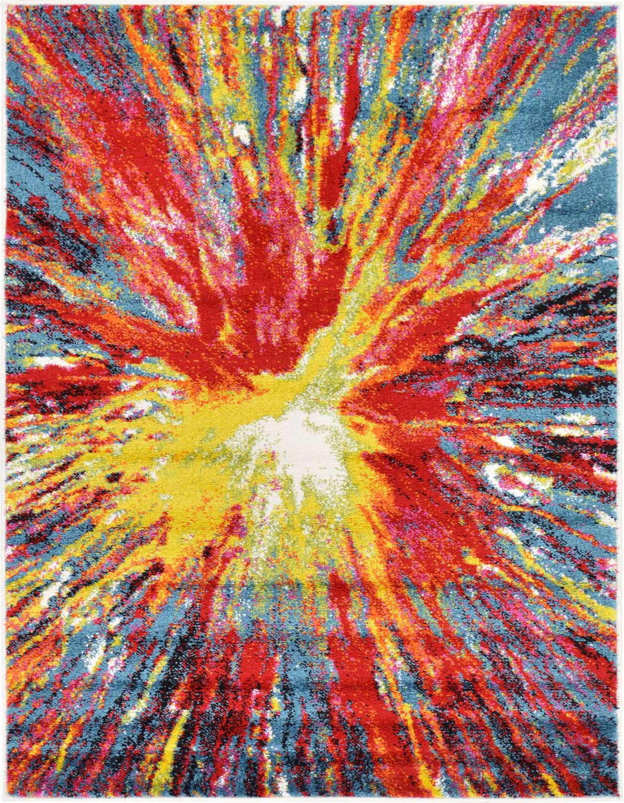A 3x5 rectangular rug with a vibrant, multi-colored abstract pattern, featuring a burst of red, yellow, and blue hues.