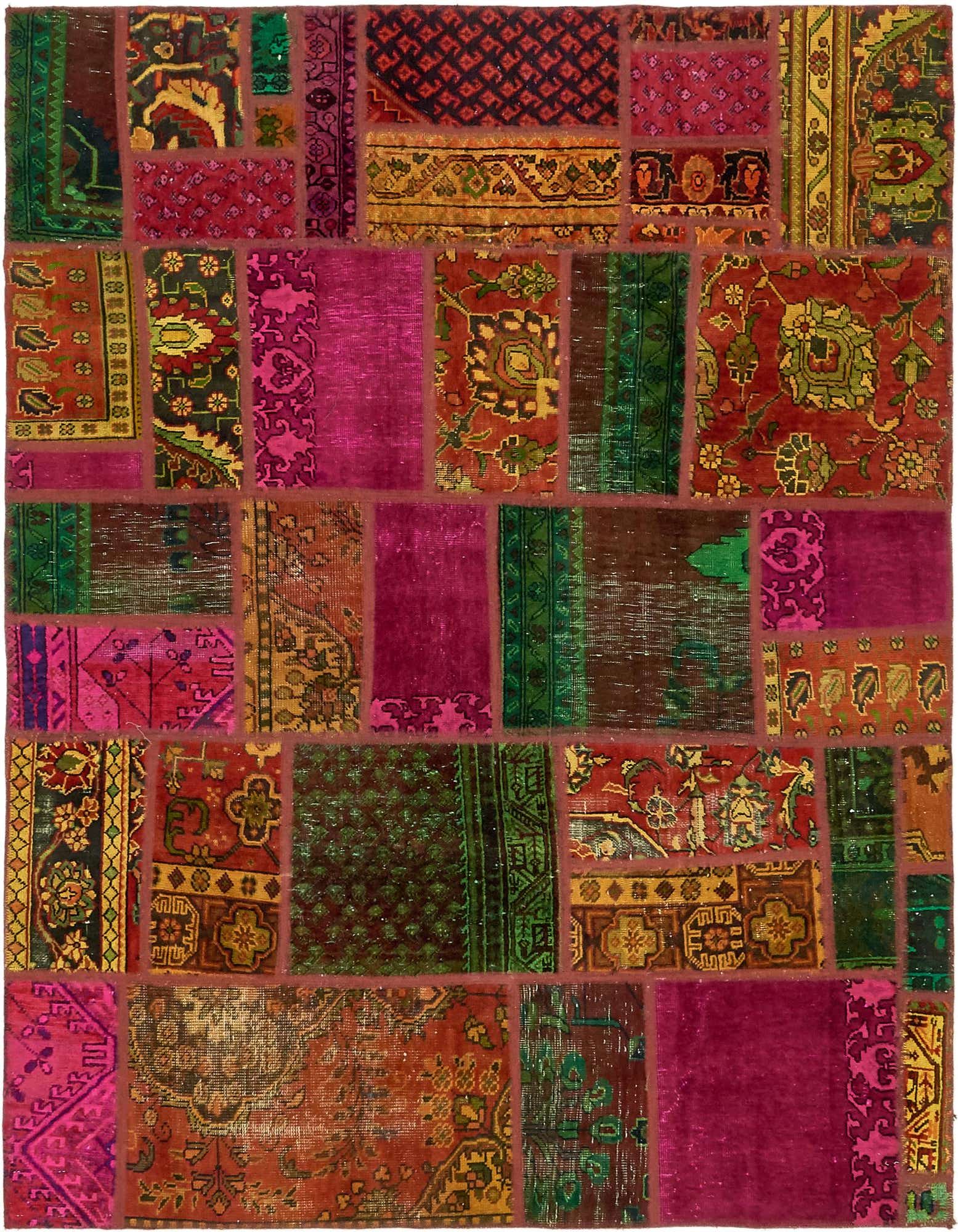 A vibrant 5x8 rectangular multi-colored patchwork rug with vintage Oriental and Persian patterns, made of wool.