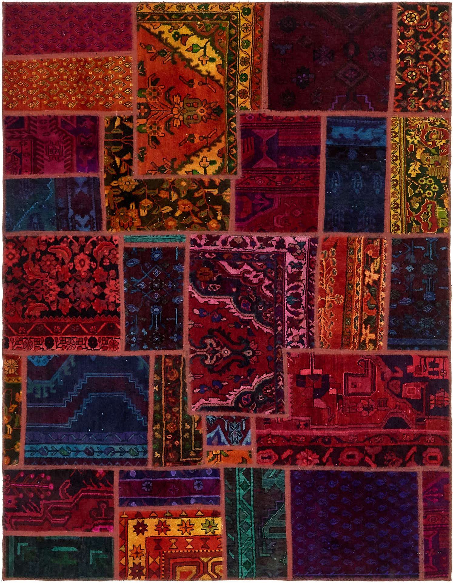 A 6x9 multi-colored rectangular wool rug featuring a patchwork design of various Persian, transitional, and abstract patterns in rich jewel tones.
