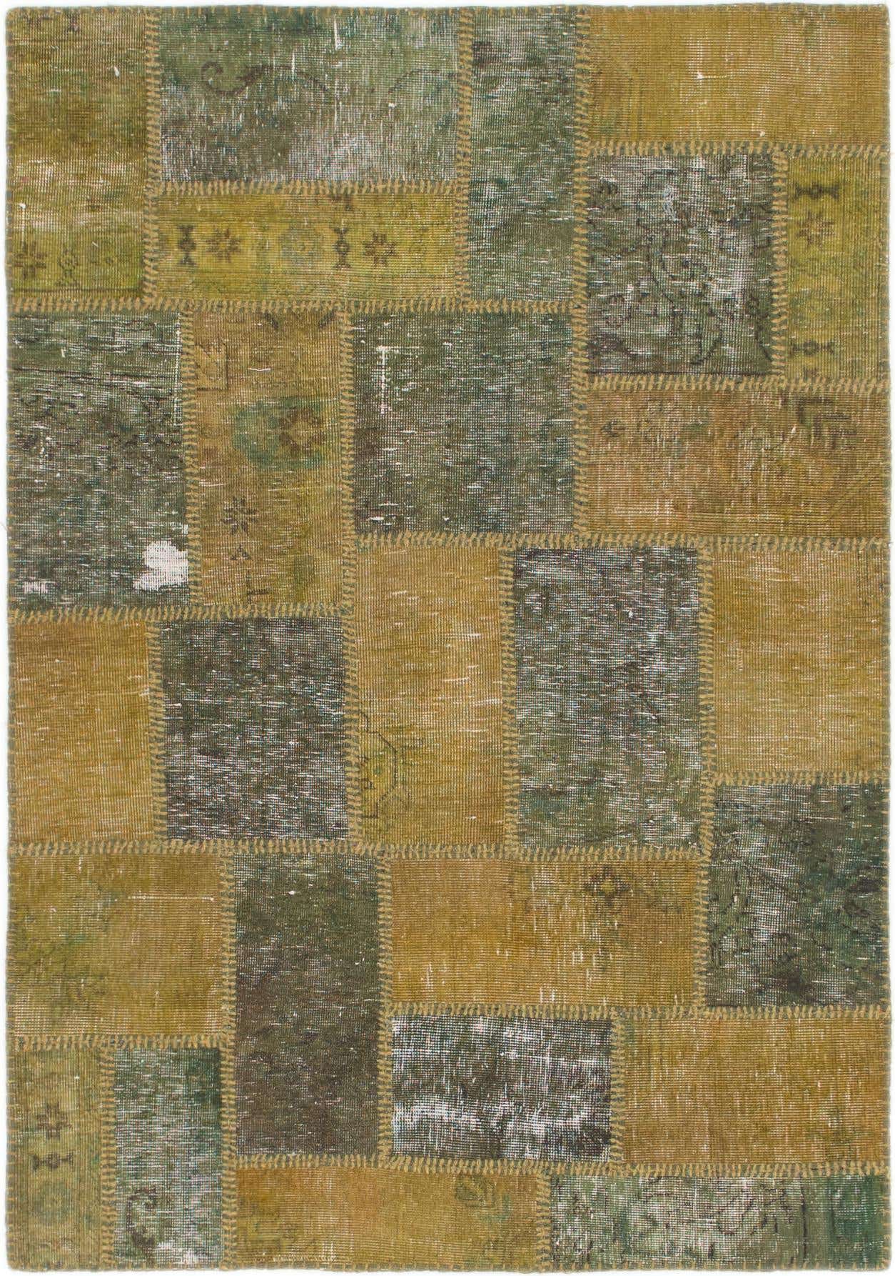 A 4x6 rectangular patchwork rug with distressed multi-colored squares in shades of green and gold, featuring subtle Persian patterns.