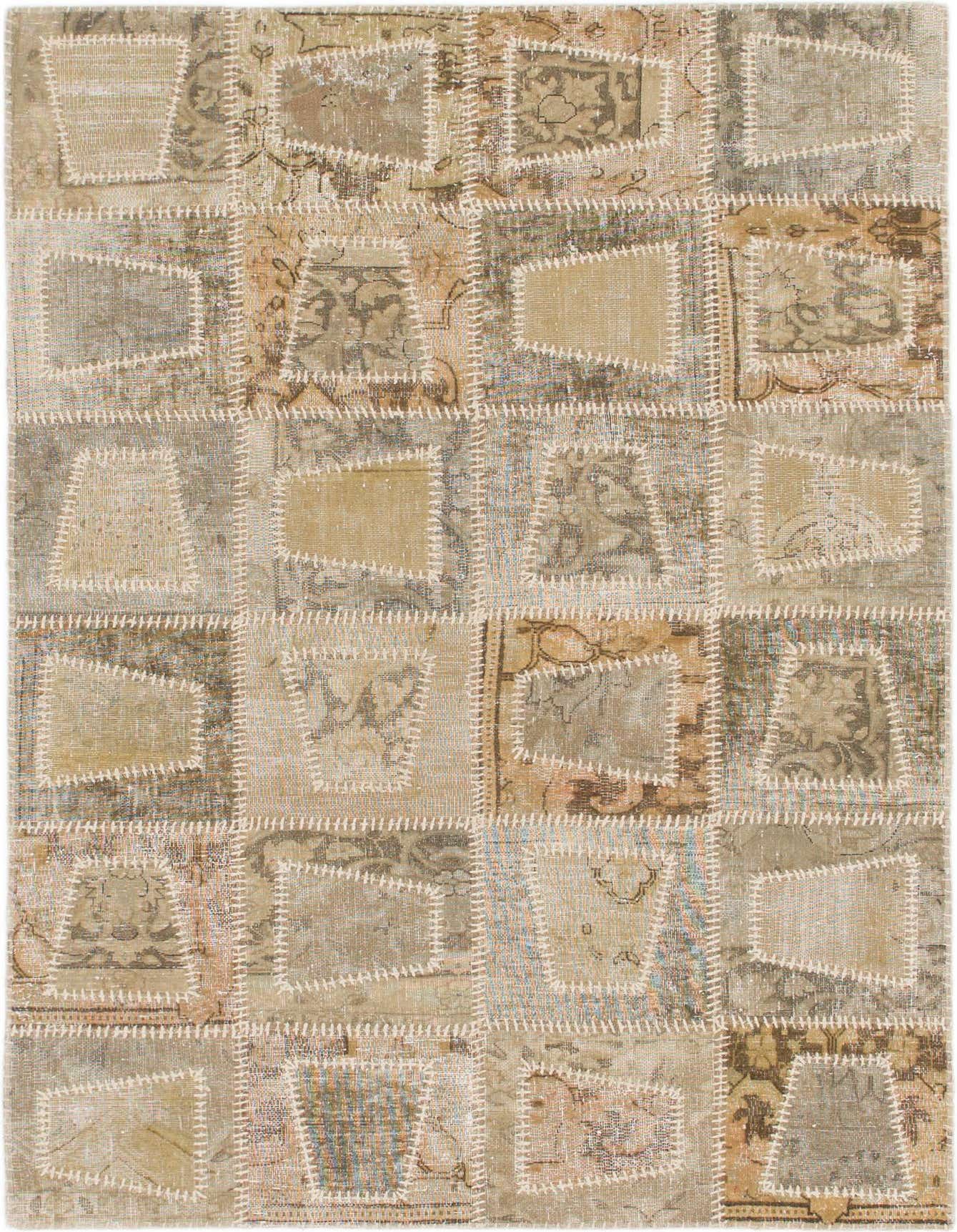 A rectangular 4x6 multi-colored wool patchwork rug with a vintage Persian design, featuring various distressed patterns stitched together.