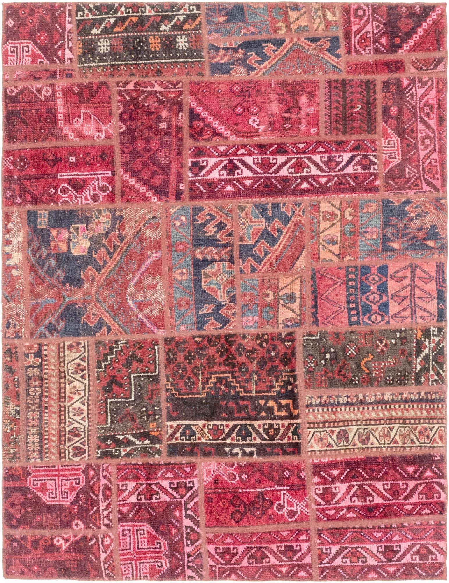 A 5x7 rectangular multi-colored wool rug featuring a patchwork design of various Persian and abstract patterns in shades of red, blue, and brown.