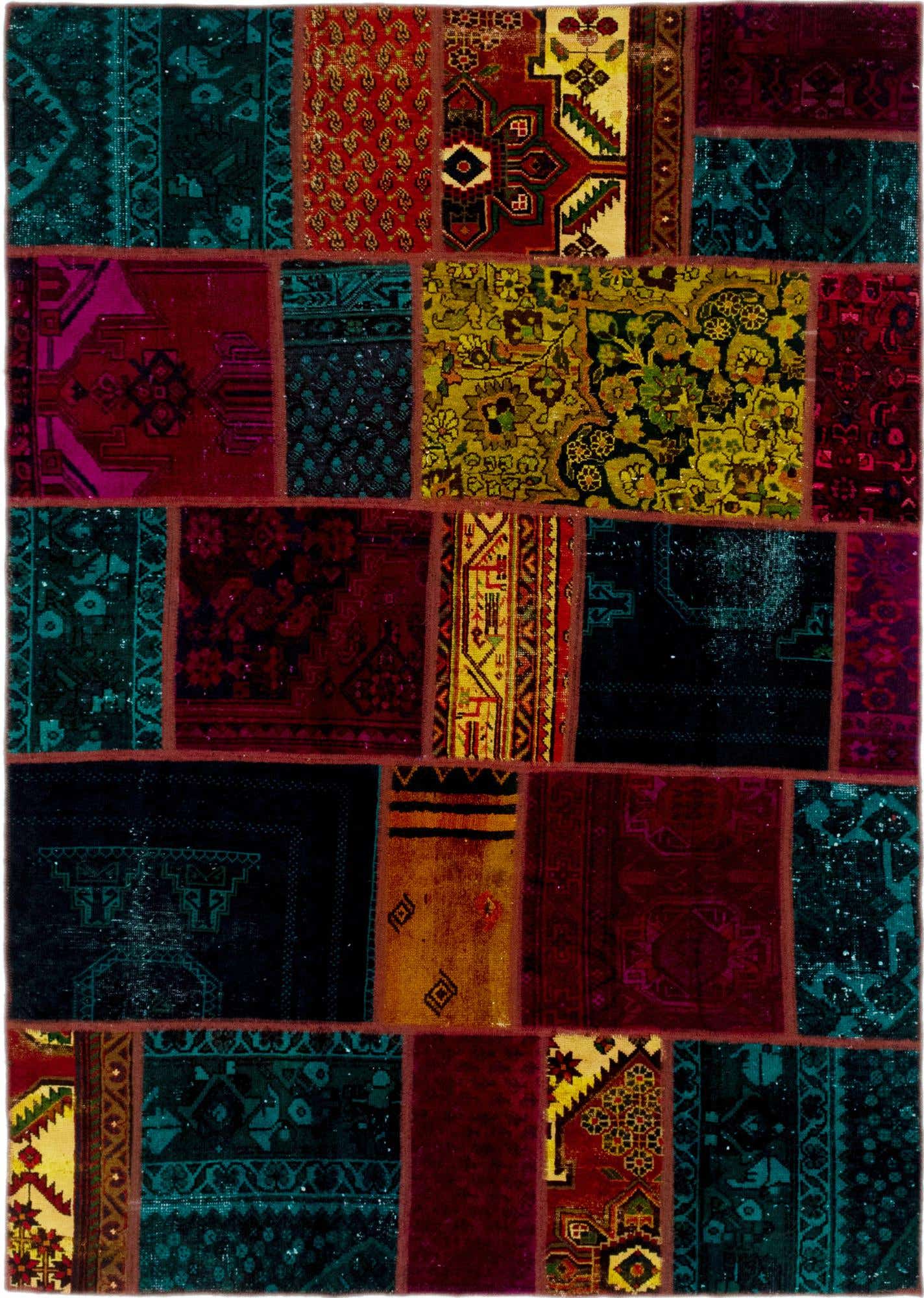 A 6x9 rectangular multi-colored patchwork rug with various Persian, transitional, and abstract patterns in shades of red, teal, yellow, and black.