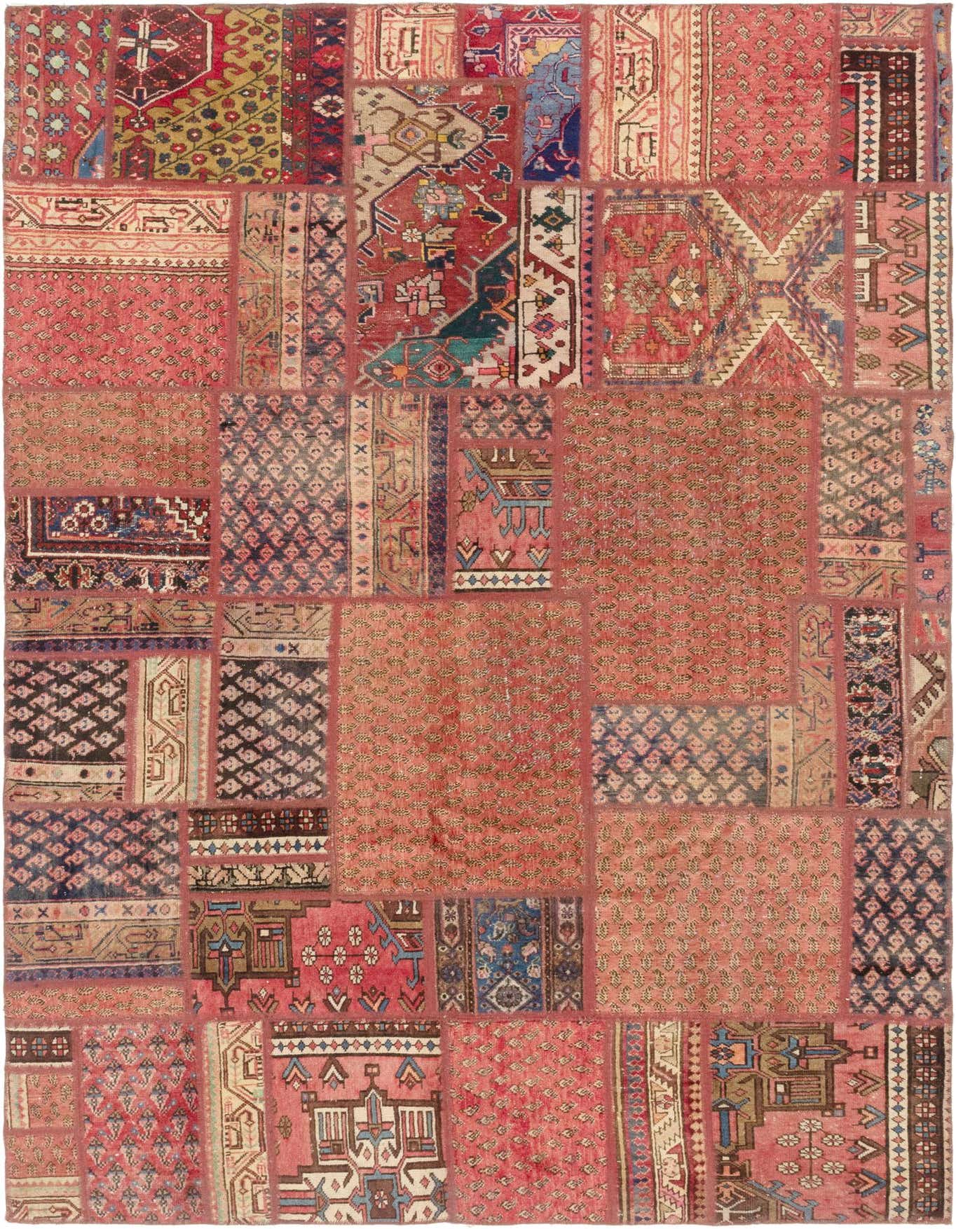 A 6x9 rectangular multi-colored patchwork rug with various Persian, transitional, and abstract patterns, suitable for a living room.