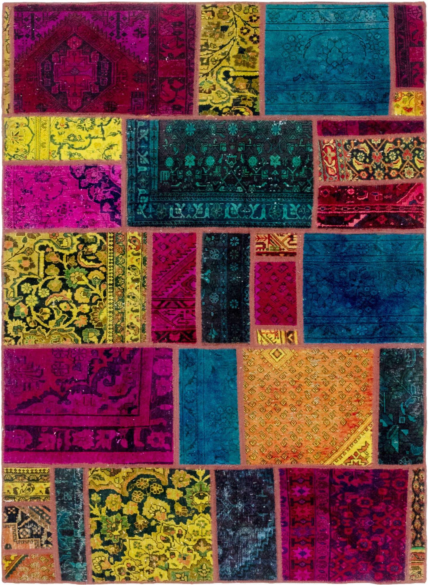 A vibrant 6x9 multi-colored rectangular wool rug featuring a patchwork design of various Persian, traditional, and tribal patterns.