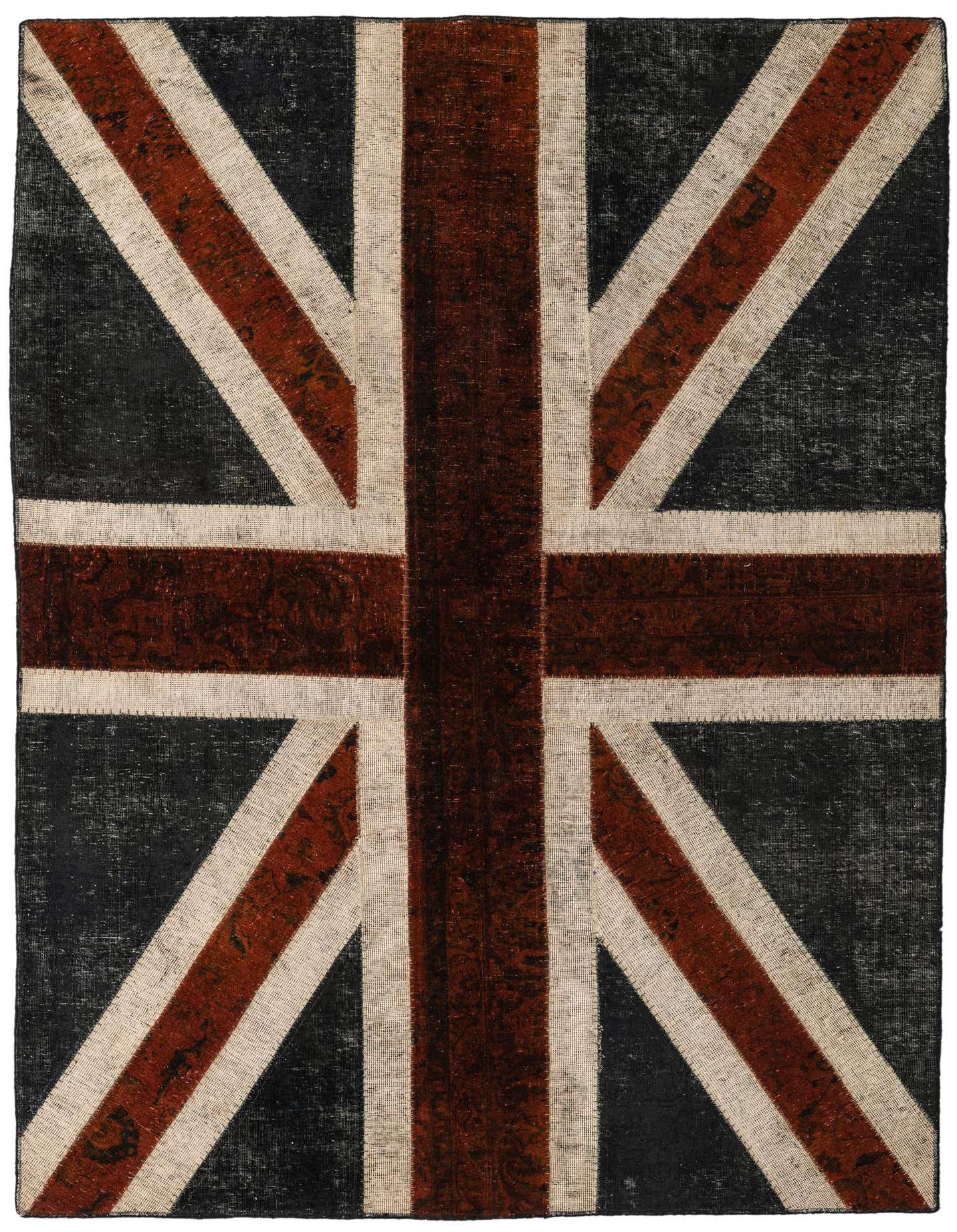 A 5x8 rectangular rug featuring a distressed Union Jack flag design in multi-colored hues, suitable for a living room.