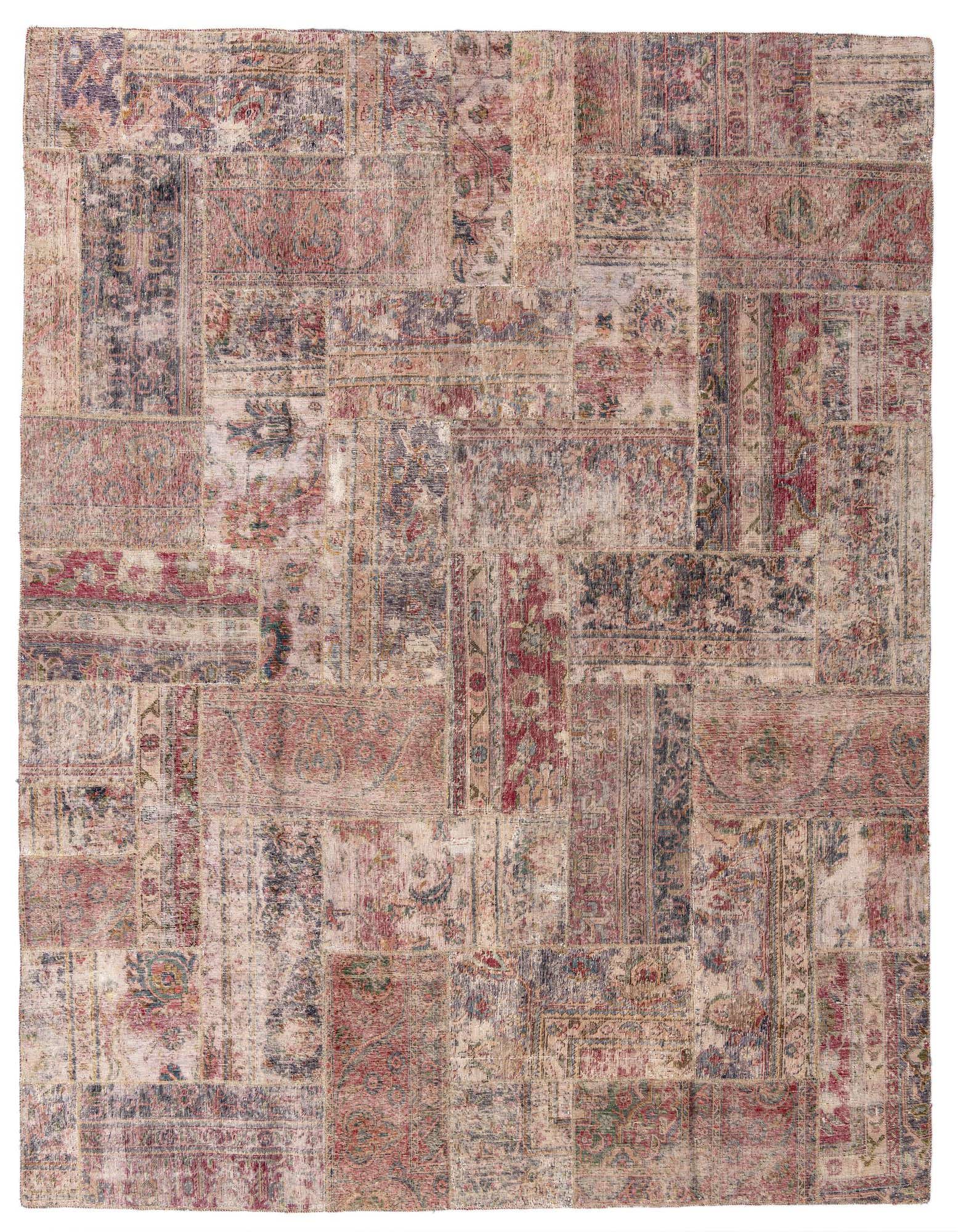 A rectangular 8x10 multi-colored wool rug featuring a distressed patchwork design with Persian and abstract patterns, ideal for a living room.