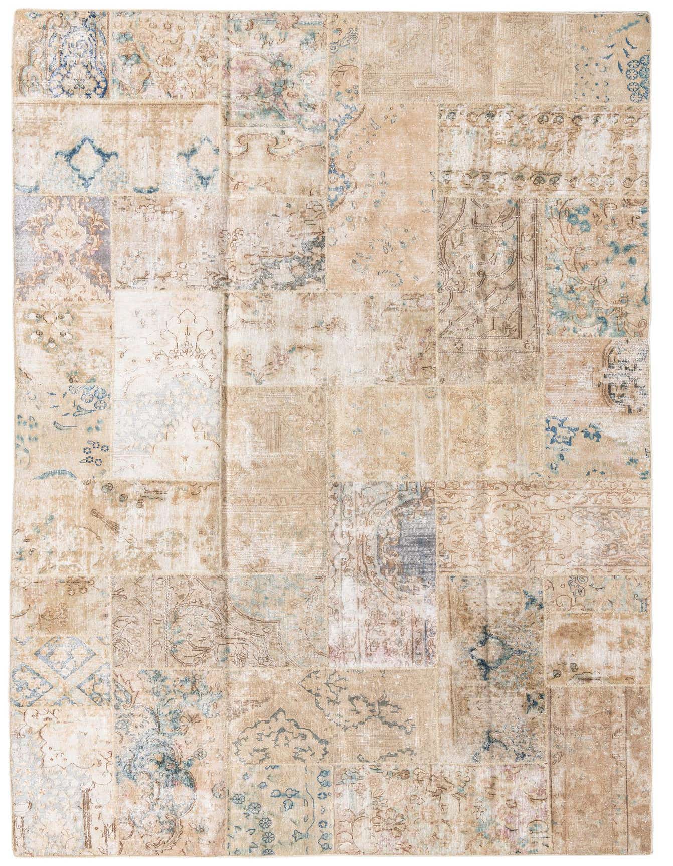 A 7x10 rectangular Ultra Vintage rug by Rugs.com with a multi-colored patchwork design, featuring distressed Persian and abstract patterns in beige, blue, and brown tones.