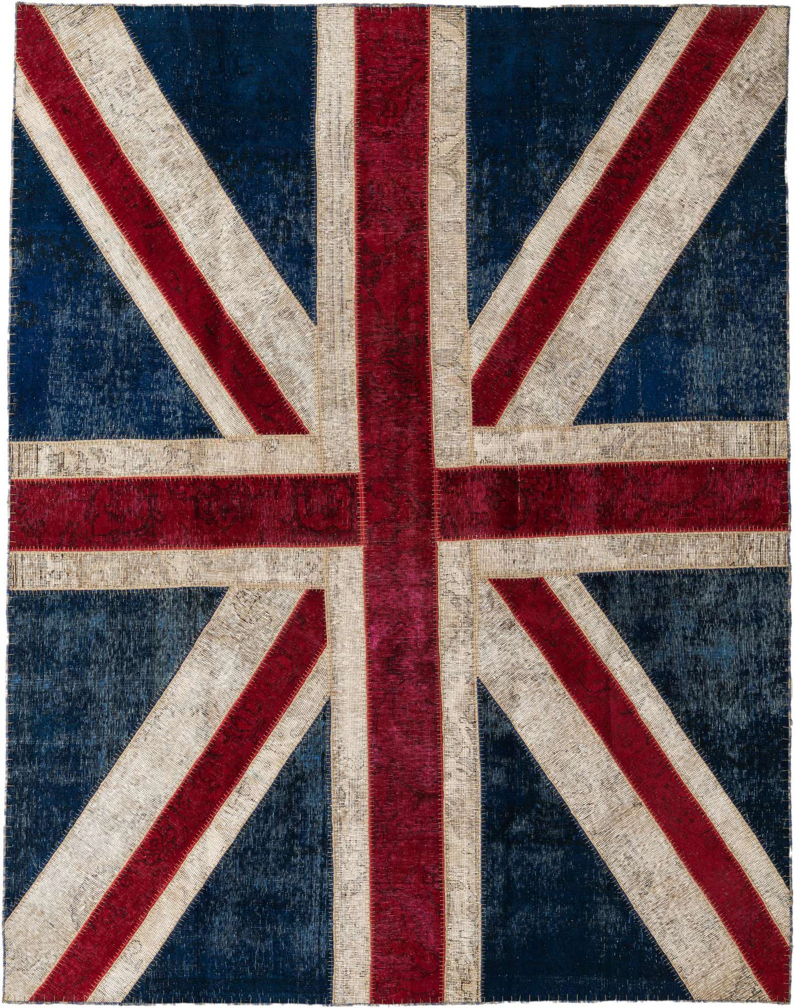 A 7x10 rectangular Ultra Vintage rug featuring a distressed Union Jack flag design in blue, red, and off-white.