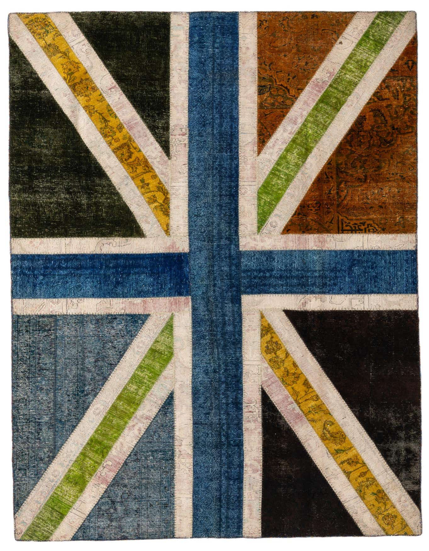 A 7x10 rectangular multi-colored wool rug with a distressed Union Jack flag pattern in blue, green, yellow, brown, and black.