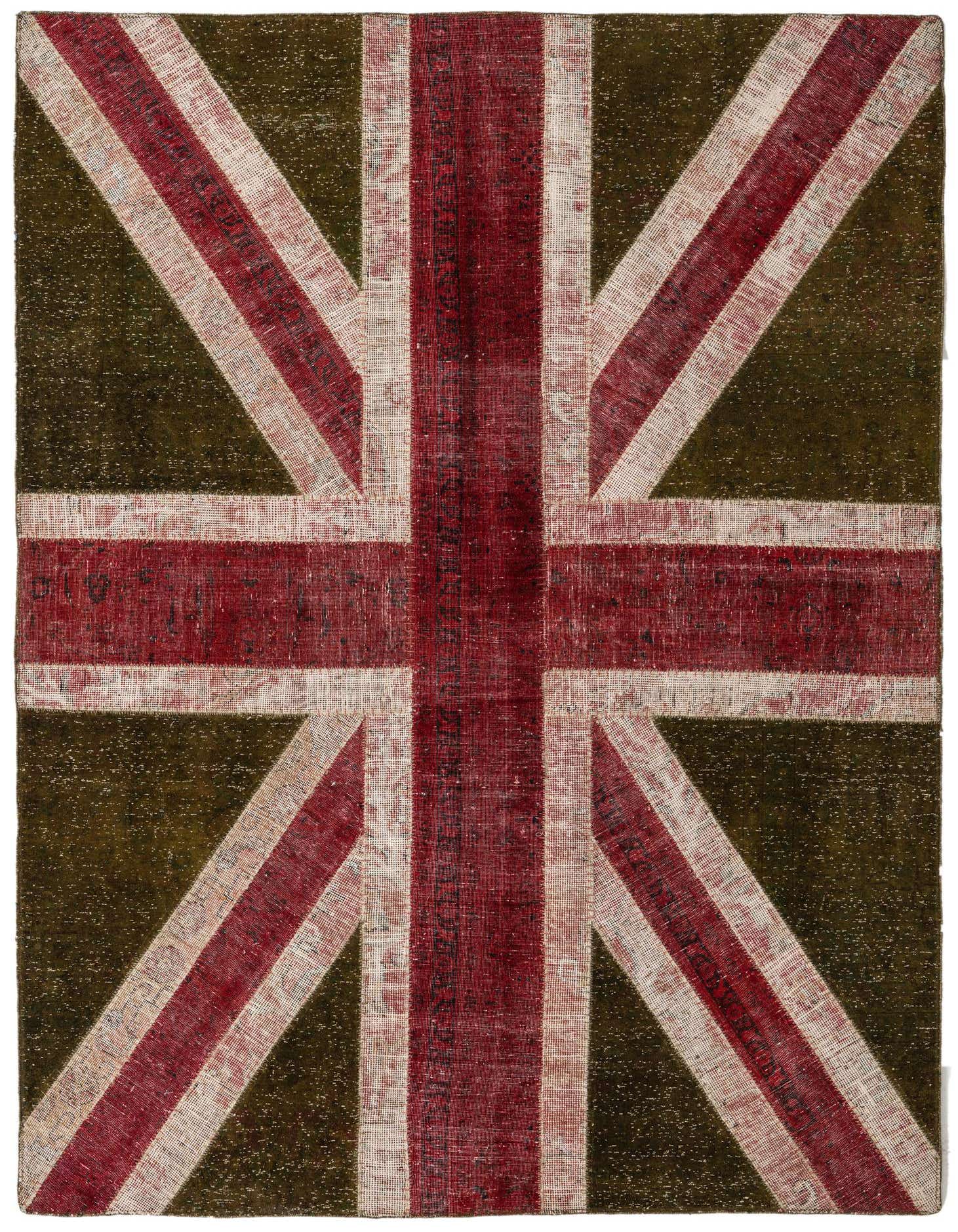 A 6x9 rectangular Ultra Vintage rug featuring a distressed Union Jack flag design in multi-colored tones of red, off-white, and dark green, suitable for a living room.
