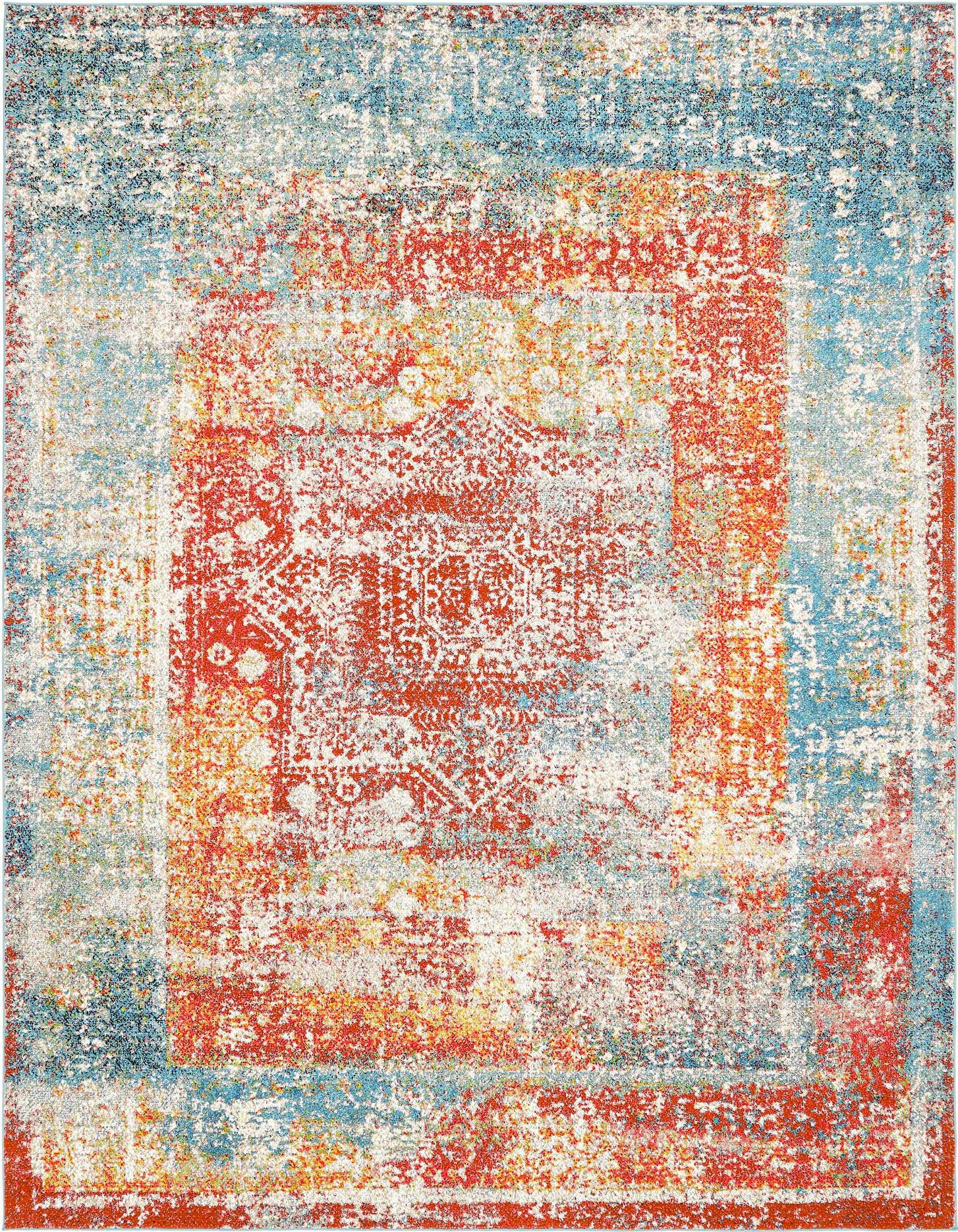 A 9x12 multi-colored rectangular area rug featuring a distressed medallion pattern in shades of red, orange, and blue, with cream accents.