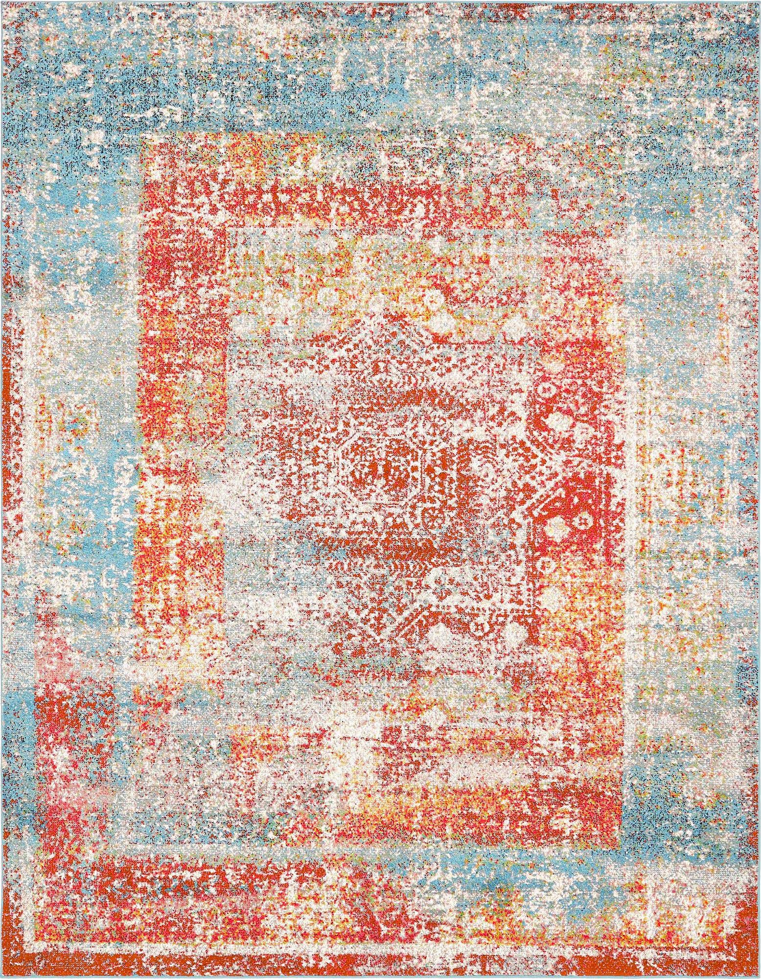 A rectangular 8x10 multi-colored shabby-chic rug with a distressed medallion pattern in reds, oranges, and blues.