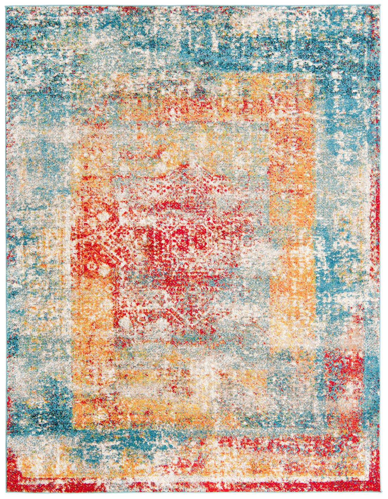 A rectangular 5x8 multi-colored area rug featuring a distressed medallion pattern in vibrant reds, blues, and oranges.