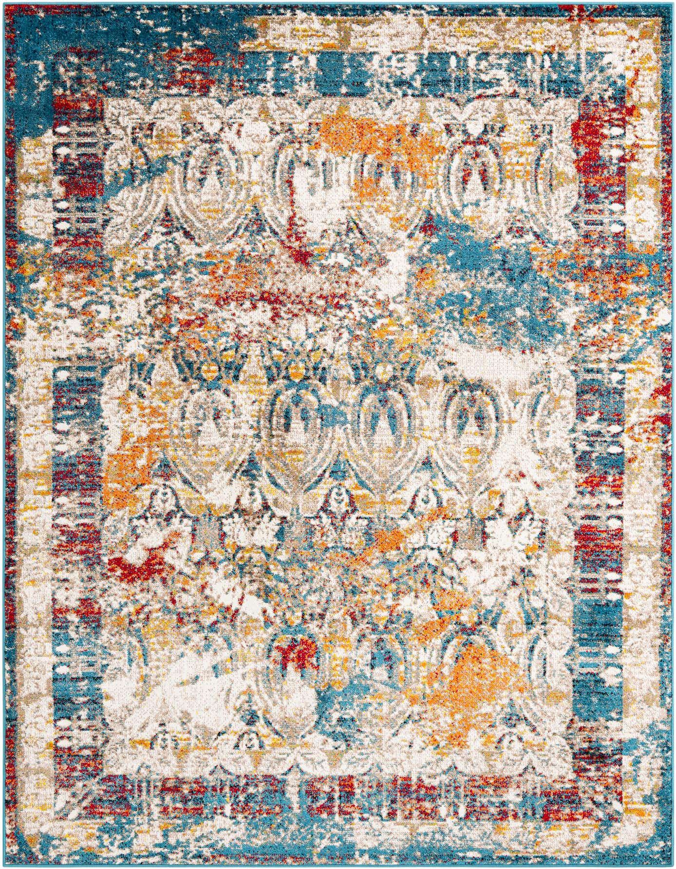 A 7x10 multi-colored rectangular area rug with a distressed traditional pattern in shades of blue, orange, red, and cream.