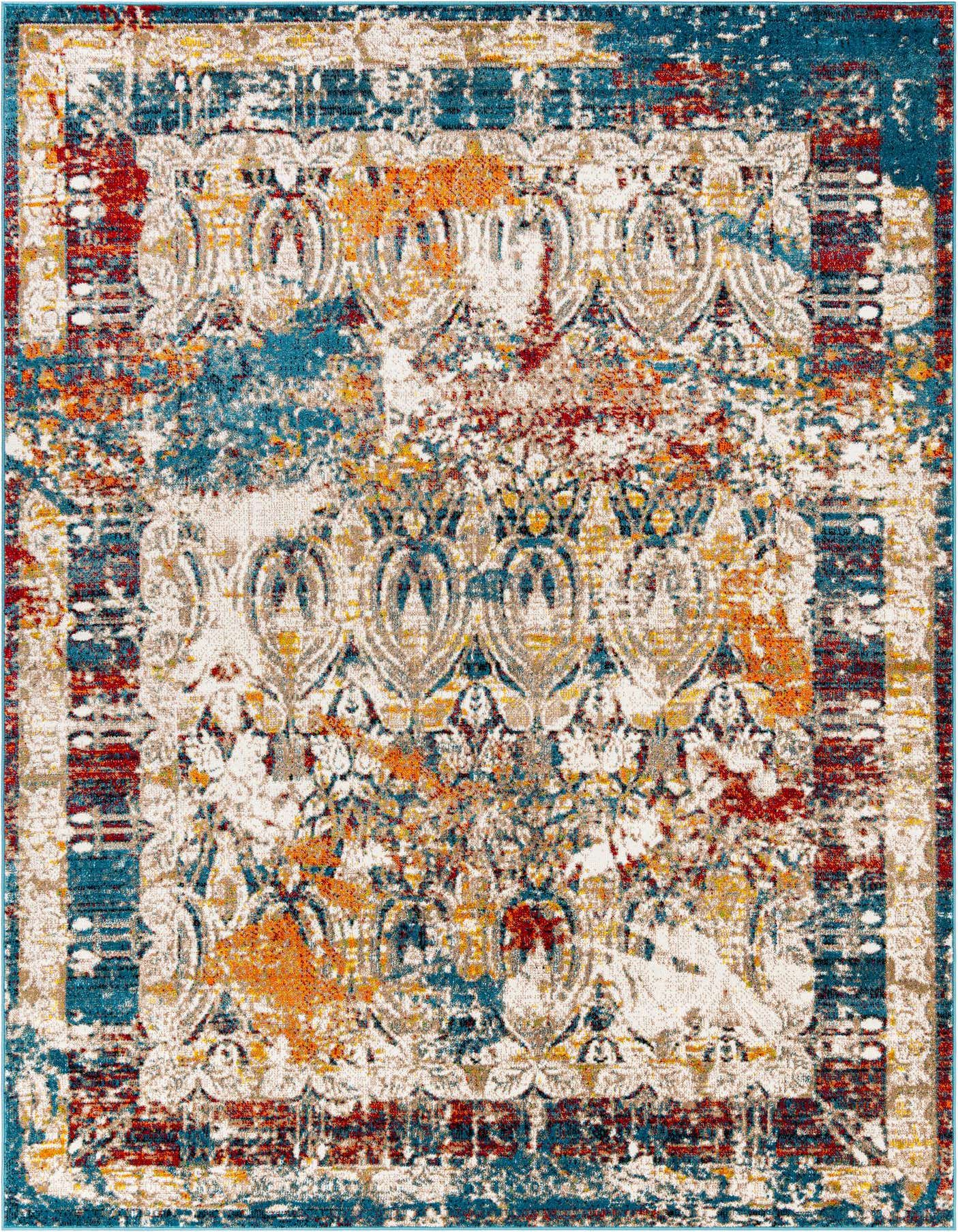A multi-colored 8x11 rectangular rug featuring an abstract, distressed Oriental pattern in shades of blue, red, orange, and cream.