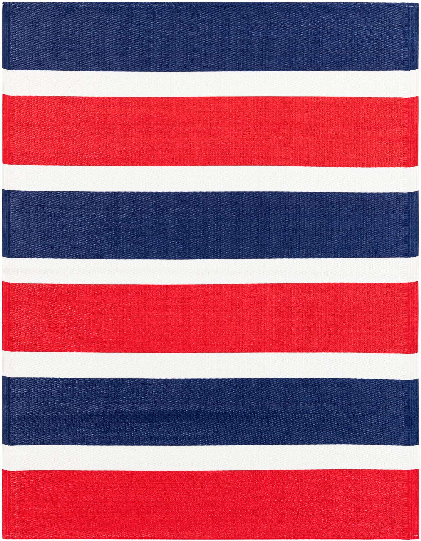 A 4x6 rectangular indoor/outdoor rug with bold horizontal stripes in navy blue, red, and white.