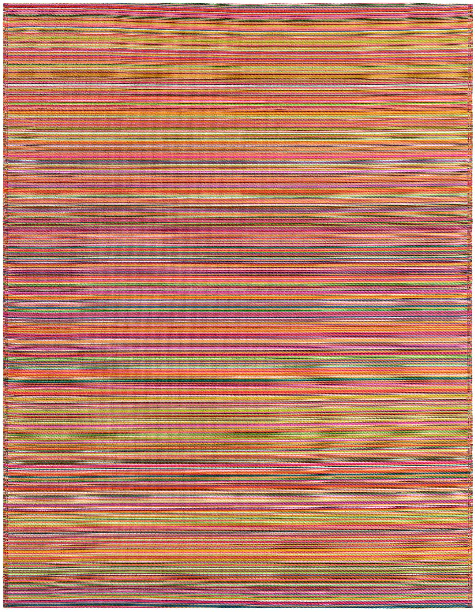 A vibrant 8x10 rectangular multi-colored striped rug with a modern flatweave texture, suitable for indoor or outdoor spaces.