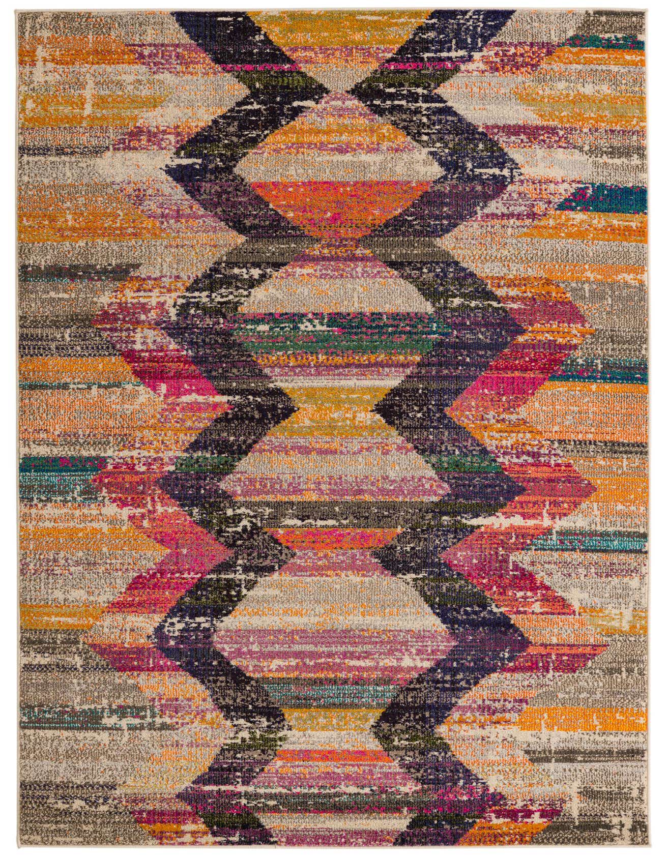 A 5x8 rectangular multi-colored modern abstract rug with a distressed look, featuring bold geometric diamond shapes in various vibrant hues like orange, pink, purple, and yellow over a neutral base.