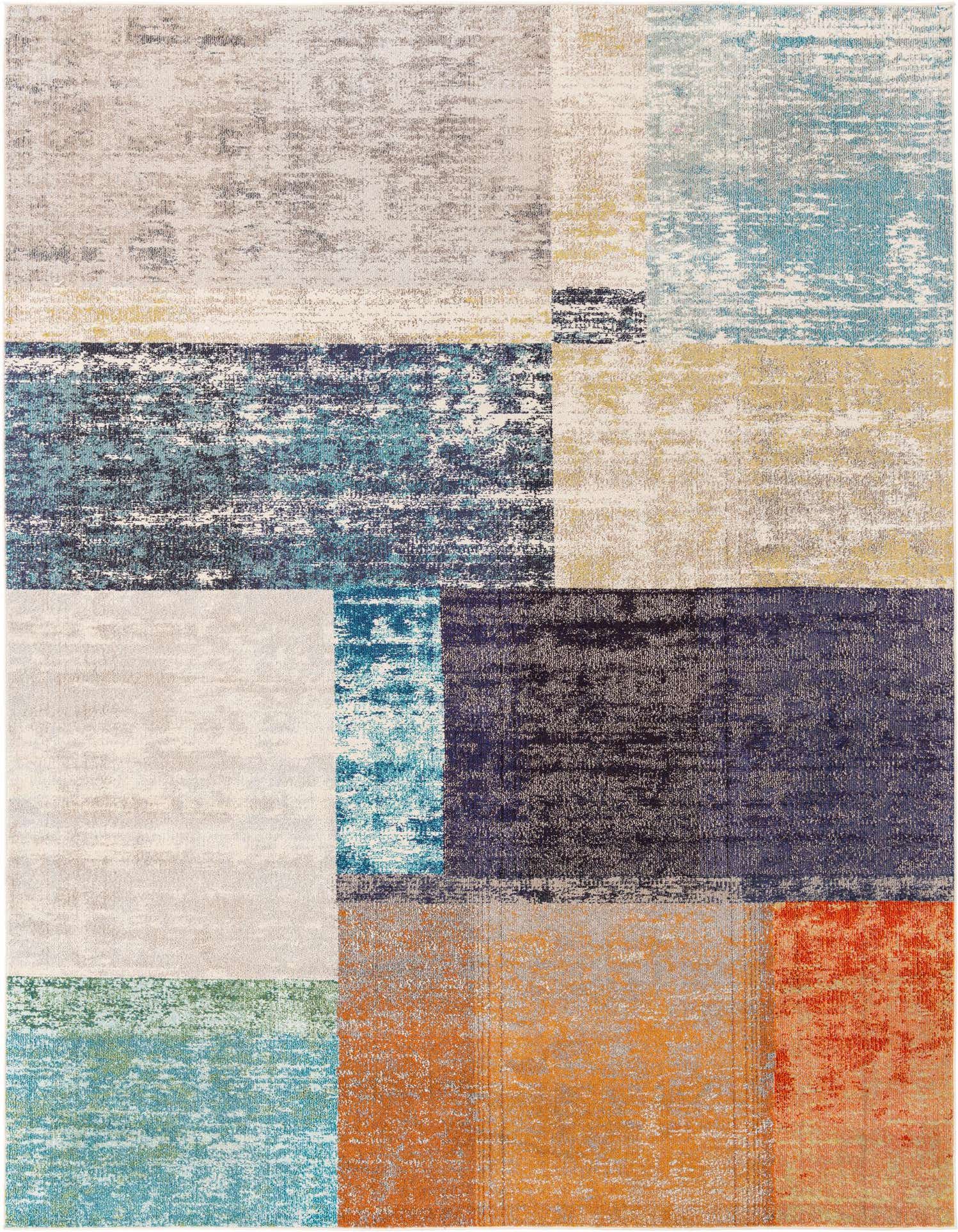 A 9x12 rectangular multi-colored modern abstract rug with blocks of blue, teal, orange, grey, and yellow.