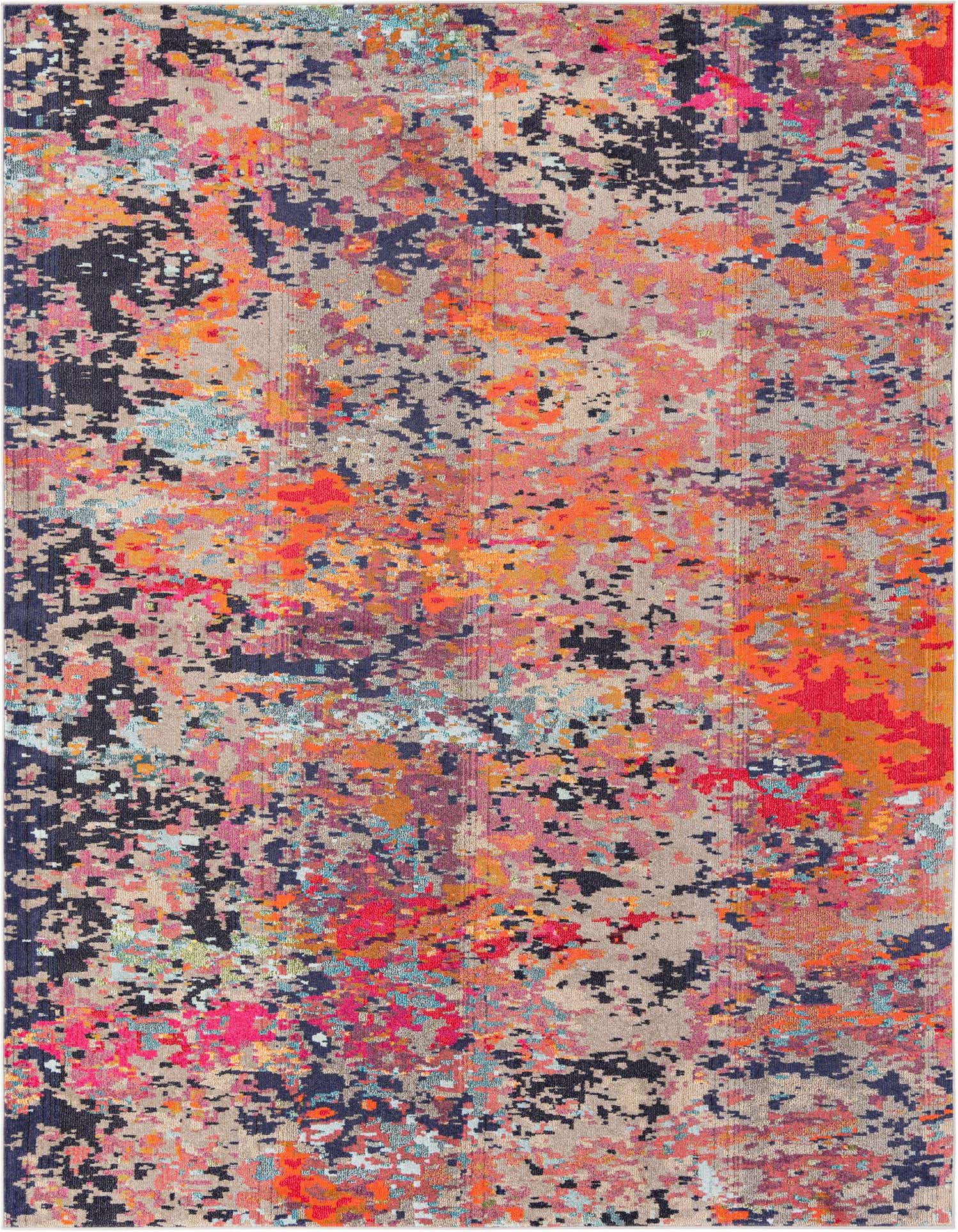 A 9x12 rectangular modern abstract rug with a vibrant multi-colored pattern including orange, pink, blue, and black on a beige background.