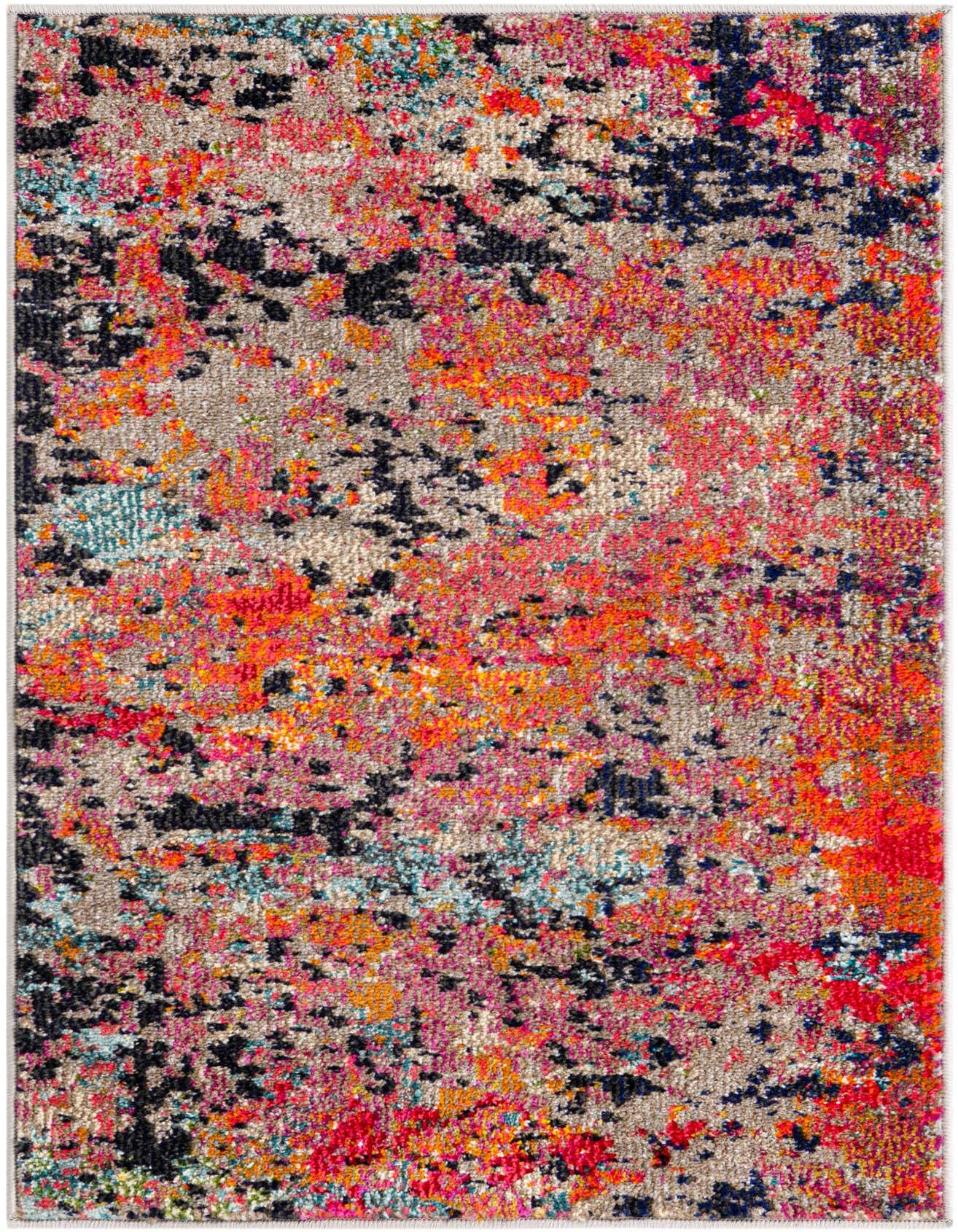 A 2x3 rectangular Rugs.com Vivid rug featuring a vibrant, multi-colored abstract pattern with shades of orange, pink, black, blue, and beige.