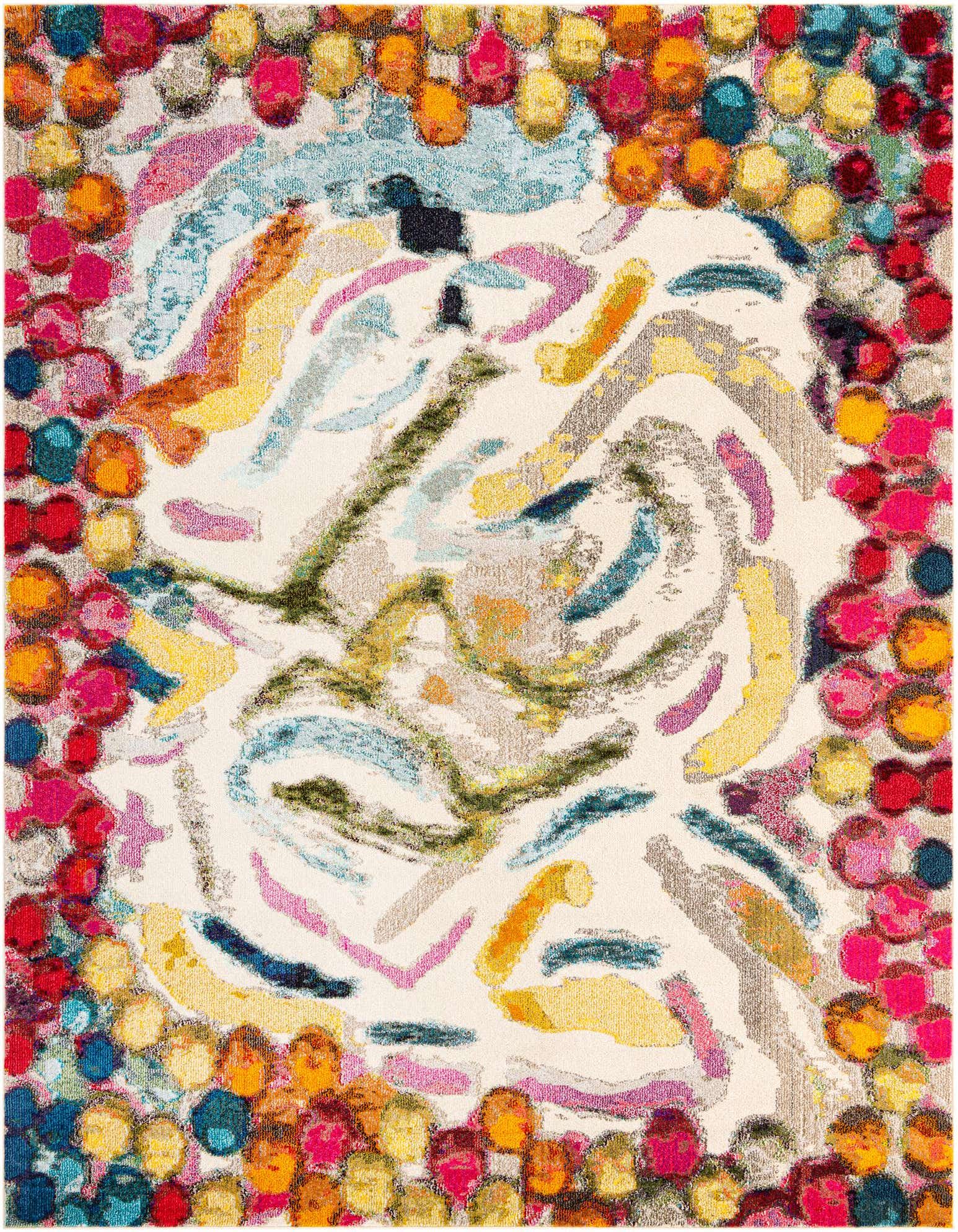 A vibrant 8x10 multi-colored modern abstract rug with a playful border of colorful circles and a cream center.