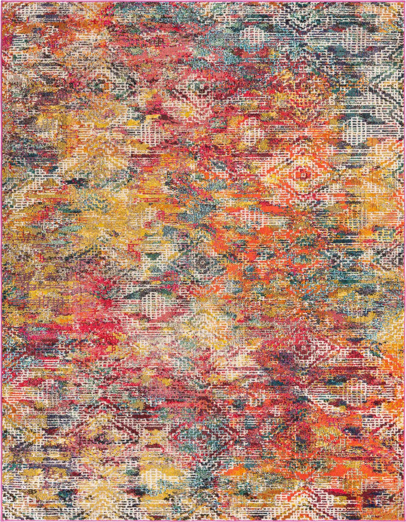 A vibrant 6x9 multi-colored rectangular rug with an abstract tribal pattern, featuring shades of red, orange, yellow, and blue.