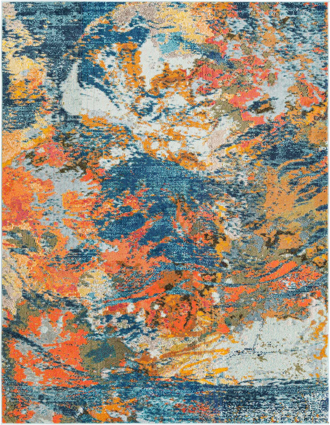A 6x9 rectangular multi-colored abstract rug with vibrant blues, oranges, and yellows, suitable for a modern living room.