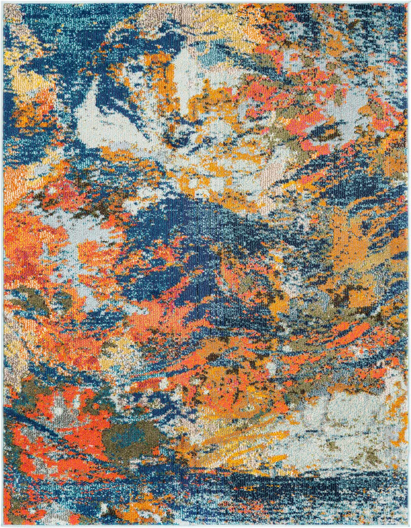 A rectangular 4x6 multi-colored abstract rug with vibrant blues, oranges, yellows, and hints of green, suitable for a modern living space.