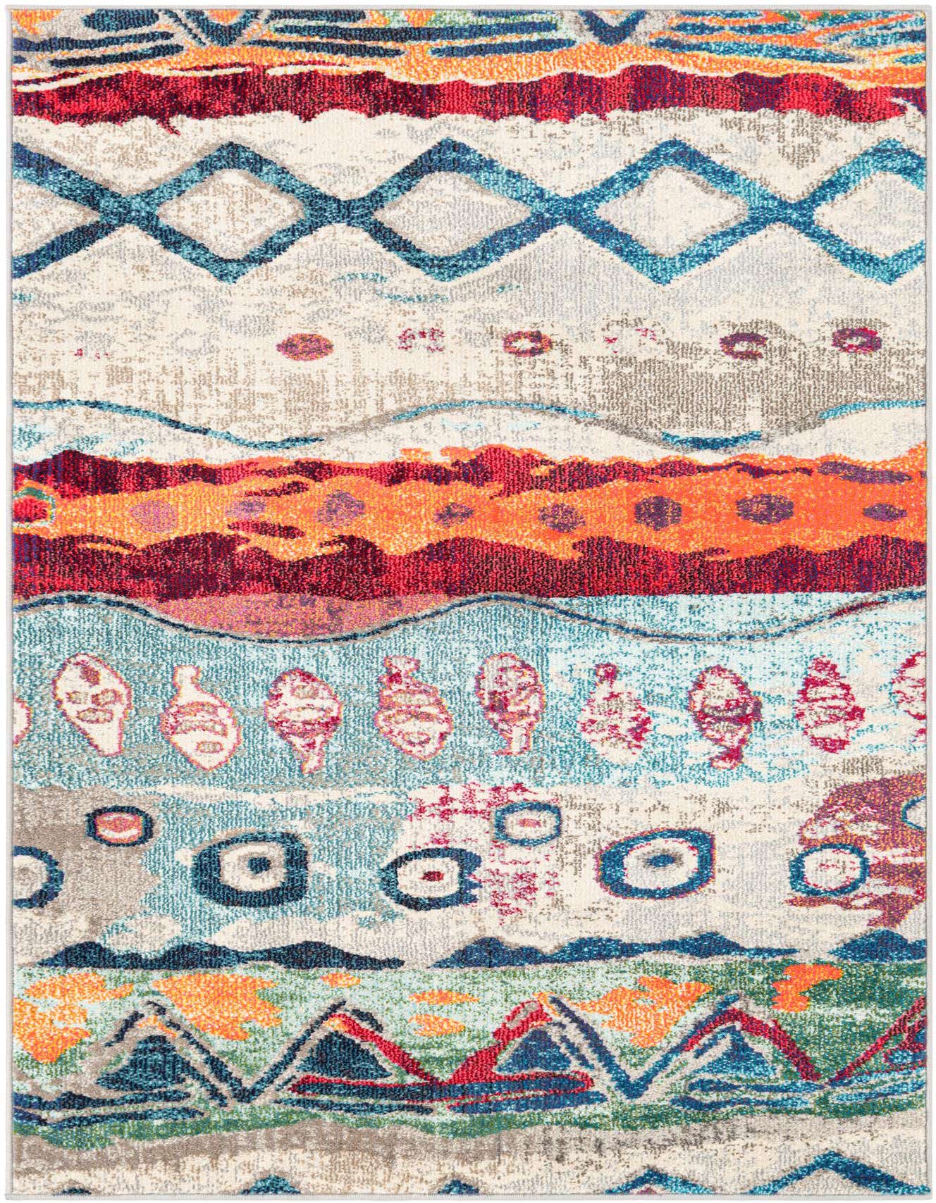 A vibrant 4x6 multi-colored modern abstract rug with horizontal bands of various patterns, including diamonds, waves, and geometric shapes, in a medium pile.