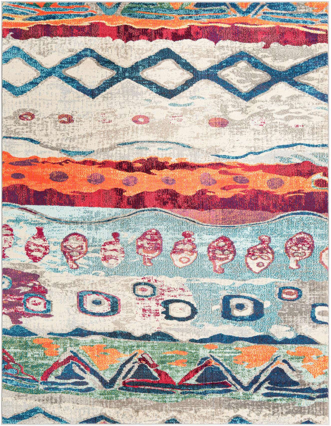 A 6x9 multi-colored rectangular rug with a modern abstract pattern featuring stripes of various geometric shapes and vibrant hues.