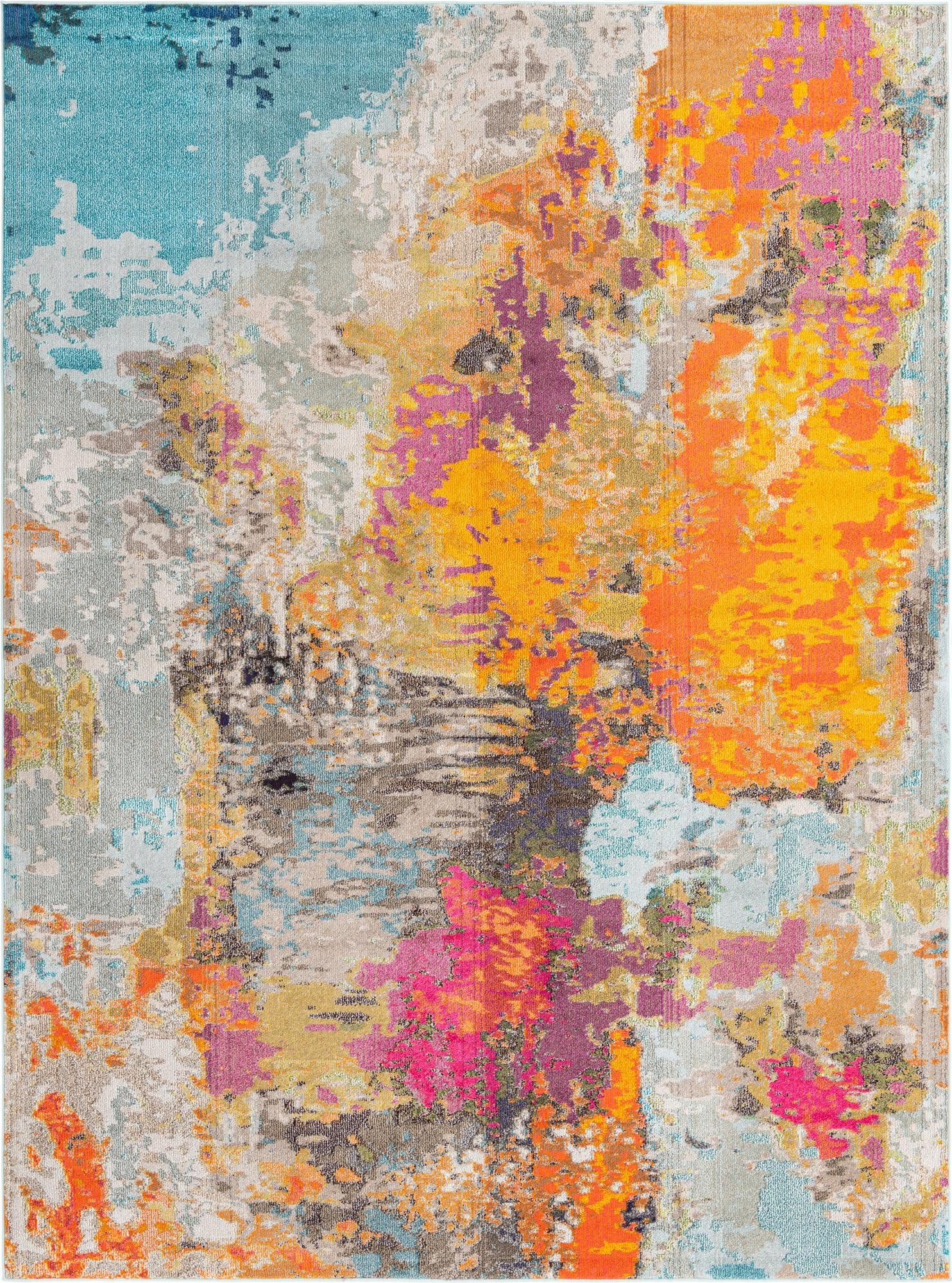 A vibrant 9x12 multi-colored abstract rug with splashes of orange, pink, yellow, blue, and purple, perfect for a modern living room.
