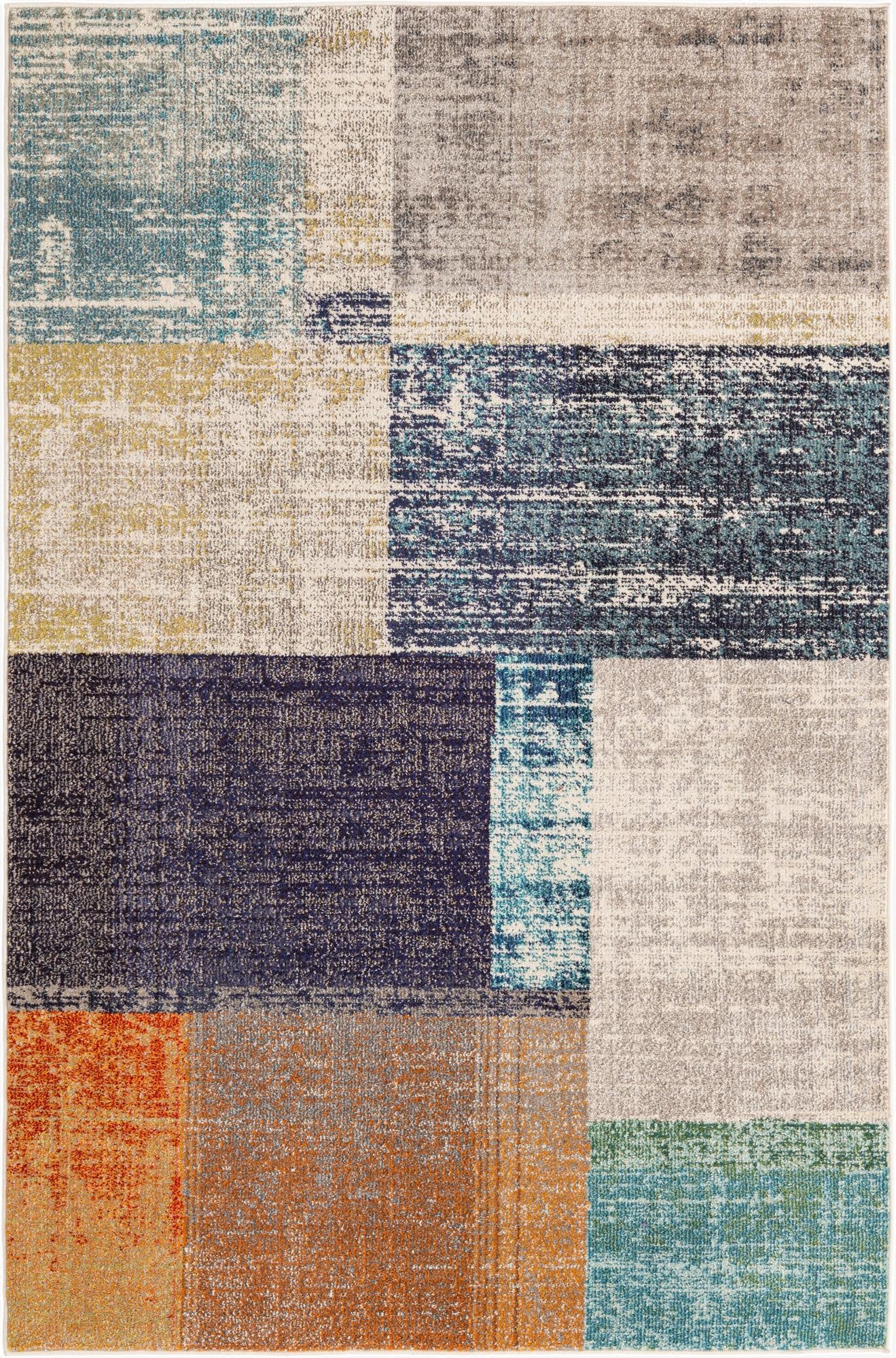 A 5x8 rectangular multi-colored abstract rug with blocks of blue, grey, orange, and green, suitable for a living room.
