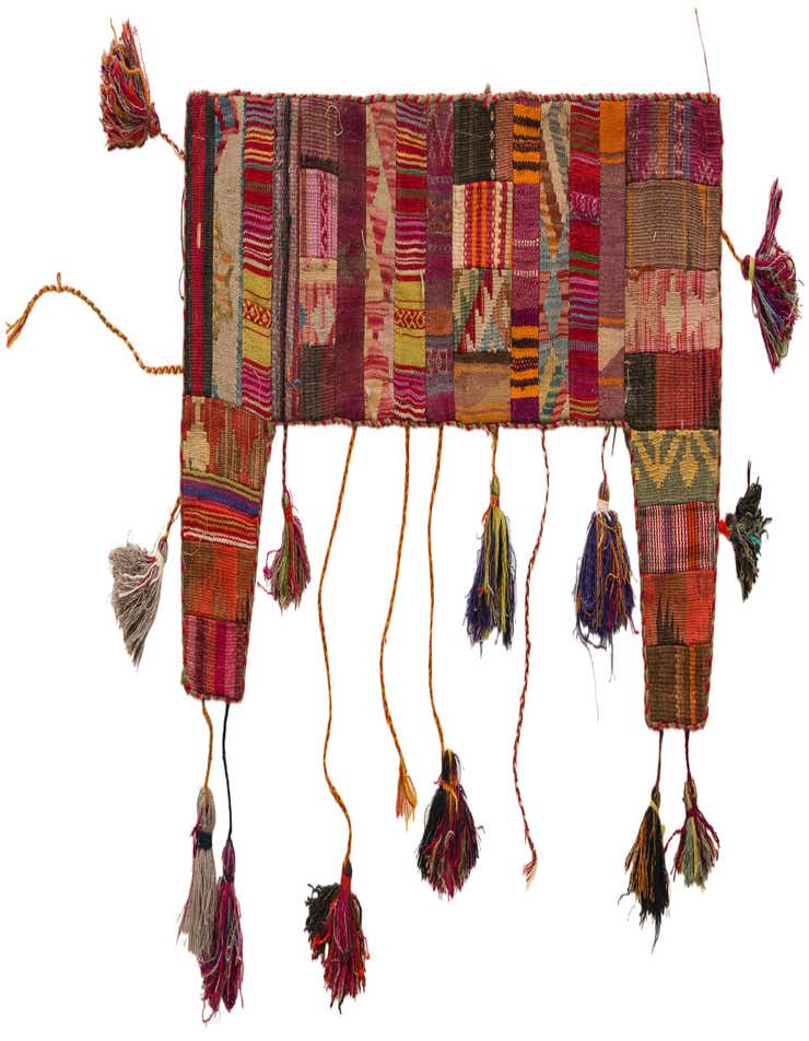 A vibrant 2x3 rectangular wool wall art piece featuring a multi-colored abstract patchwork design with various tassels.