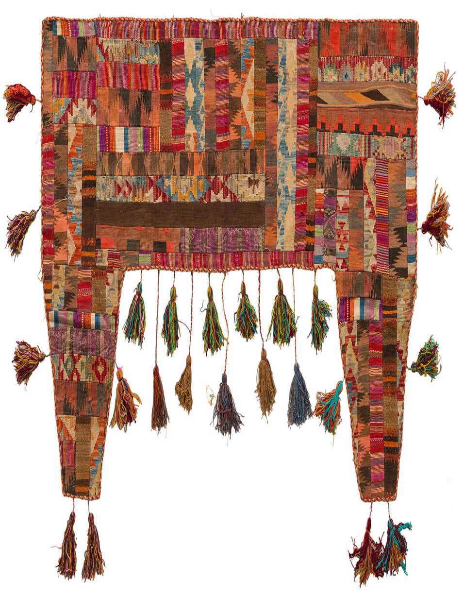 A vibrant 4x6 multi-colored abstract wool wall art piece with various patterned patches and decorative tassels.