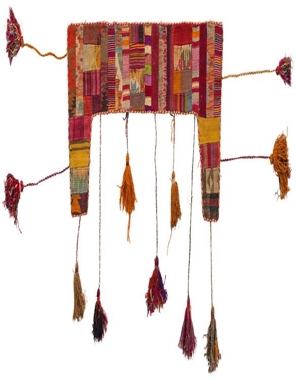 A vibrant, multi-colored 2x3 rectangular wool wall art piece with an abstract patchwork design and decorative tassels.