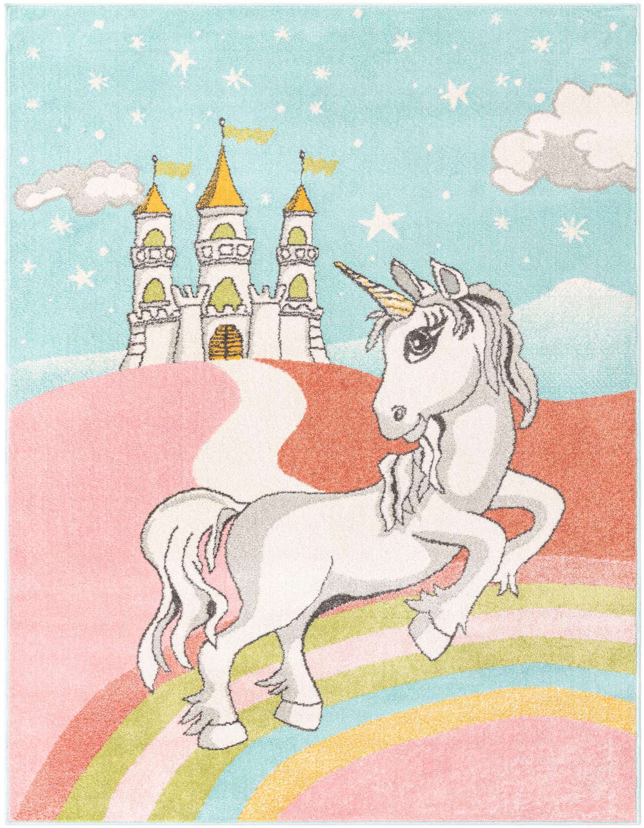 A whimsical 5x8 rectangular rug featuring a white unicorn on a rainbow, with a castle and stars in a multi-colored sky.