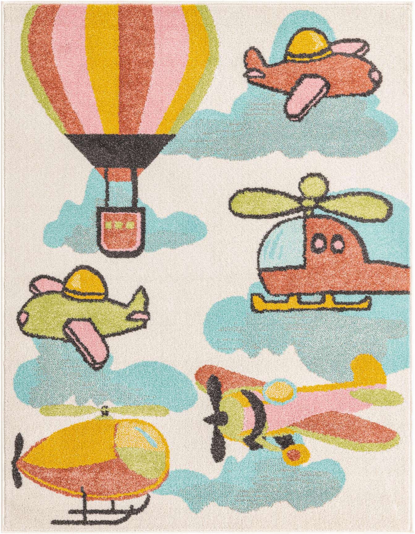 A 4x6 rectangular rug with a multi-colored whimsical pattern of hot air balloons, airplanes, and helicopters on a white background, perfect for a child's room.