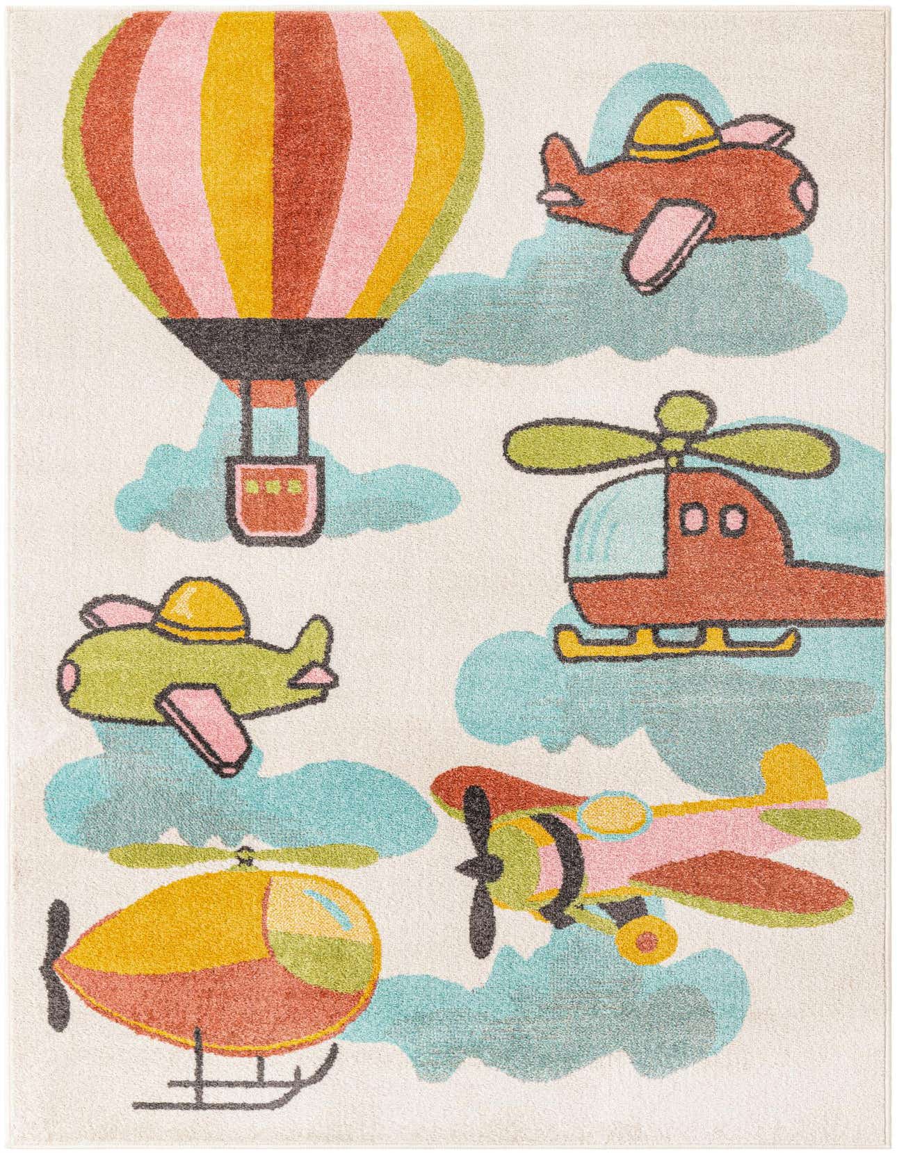 A 5x8 rectangular multi-colored rug featuring a hot air balloon, airplanes, and helicopters against a white background with blue clouds, ideal for a child's room.