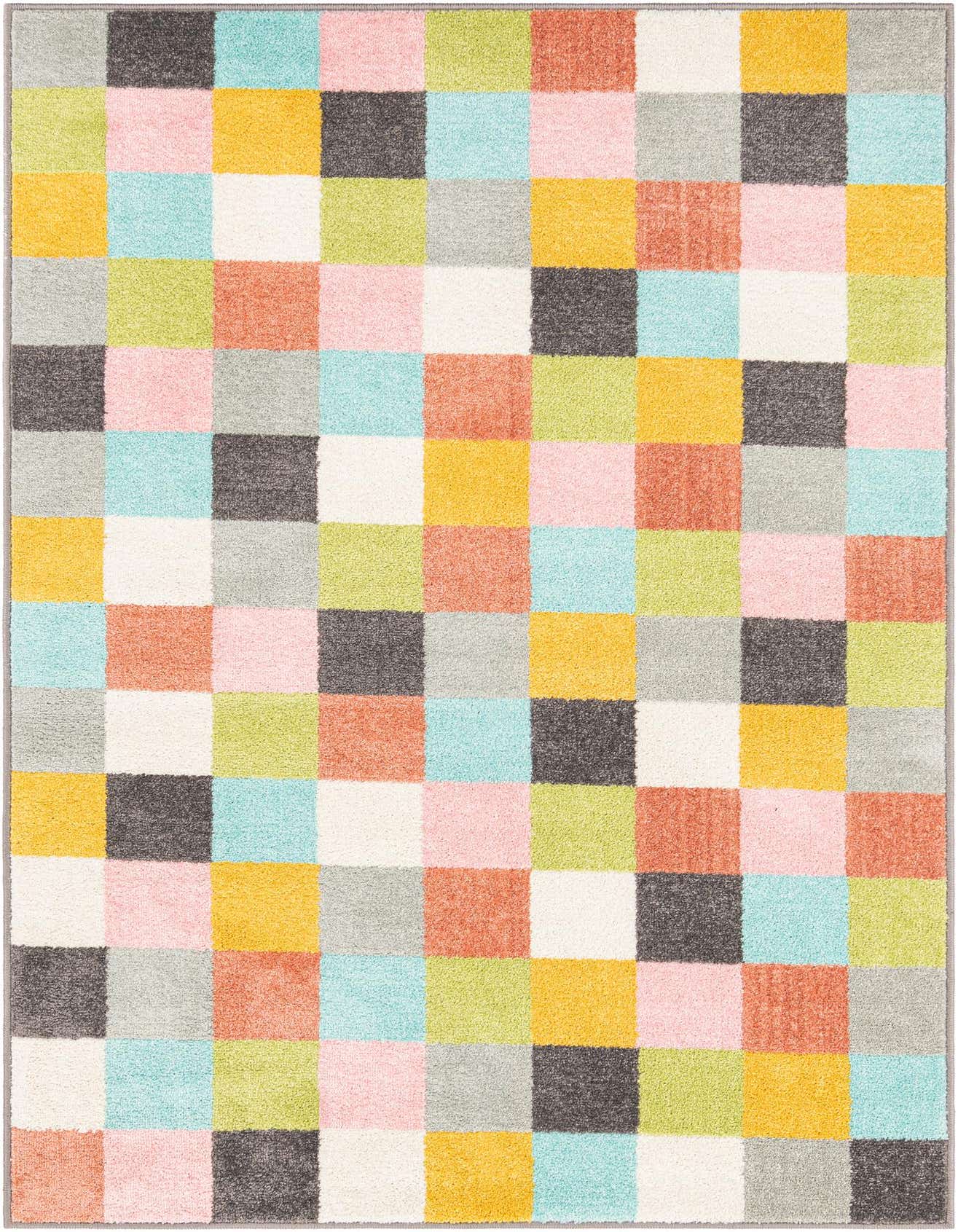 A 4x6 multi-colored rectangular rug featuring a vibrant checkerboard pattern with squares of pink, blue, yellow, green, orange, white, and gray.