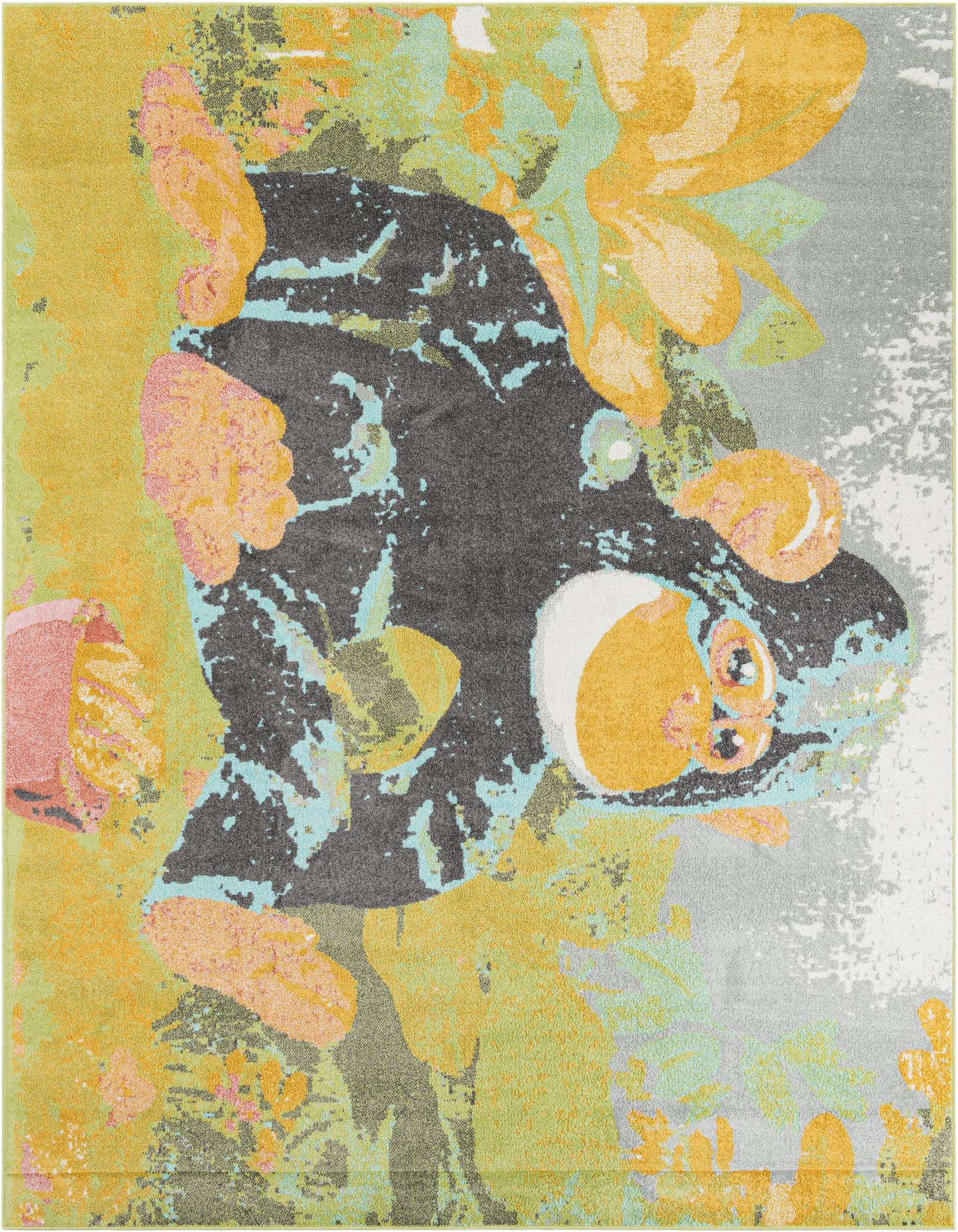 8x10 multi-colored rectangular rug with an abstract, whimsical design featuring black, orange, blue, green, and pink shapes.