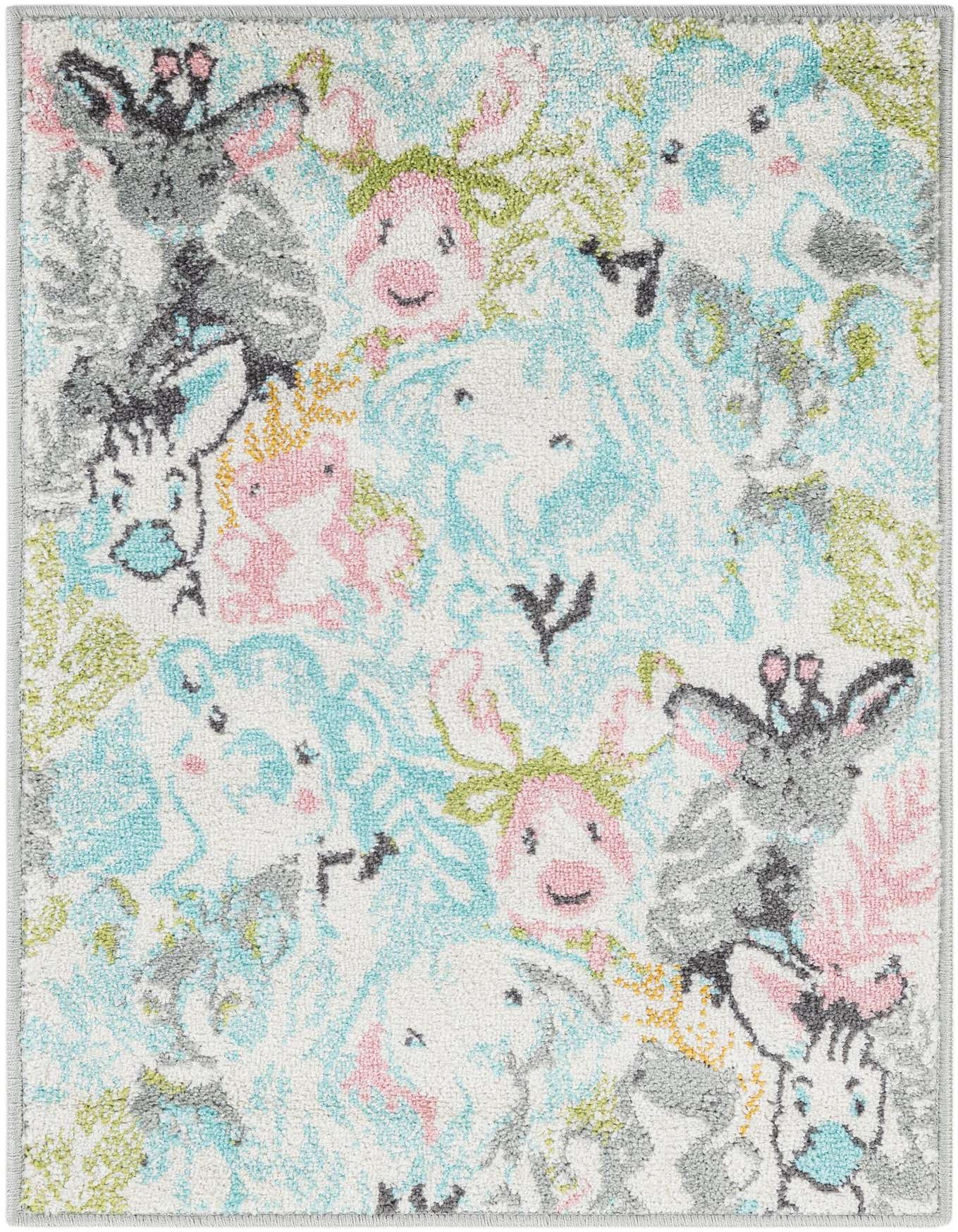 A 2x3 multi-colored rectangular rug featuring a whimsical pattern of cartoon animals like zebras, elephants, and pigs, perfect for a child's room.
