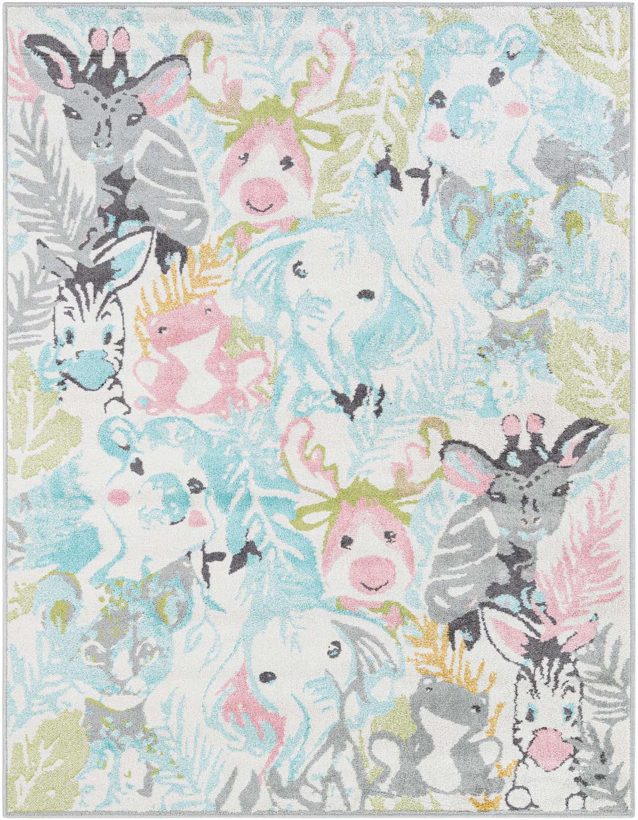 A 5x8 rectangular multi-colored modern rug featuring a playful pattern of cartoon animals like giraffes, zebras, and elephants amidst light blue, pink, and green foliage, ideal for a child's bedroom.