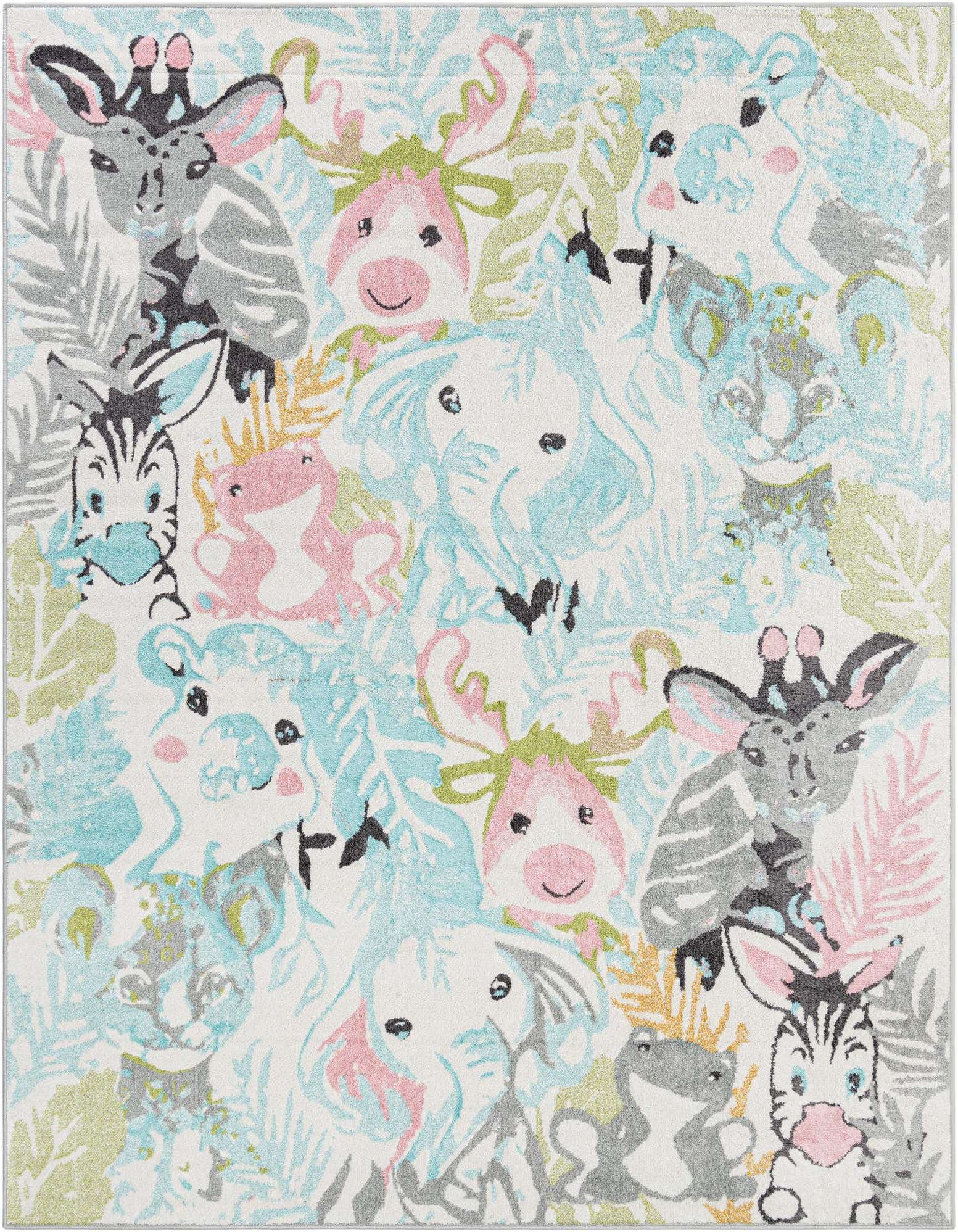 A rectangular 8x10 multi-colored rug featuring a whimsical pattern of cartoon jungle animals like giraffes, zebras, and elephants amidst green and blue foliage, perfect for a child's bedroom or playroom.